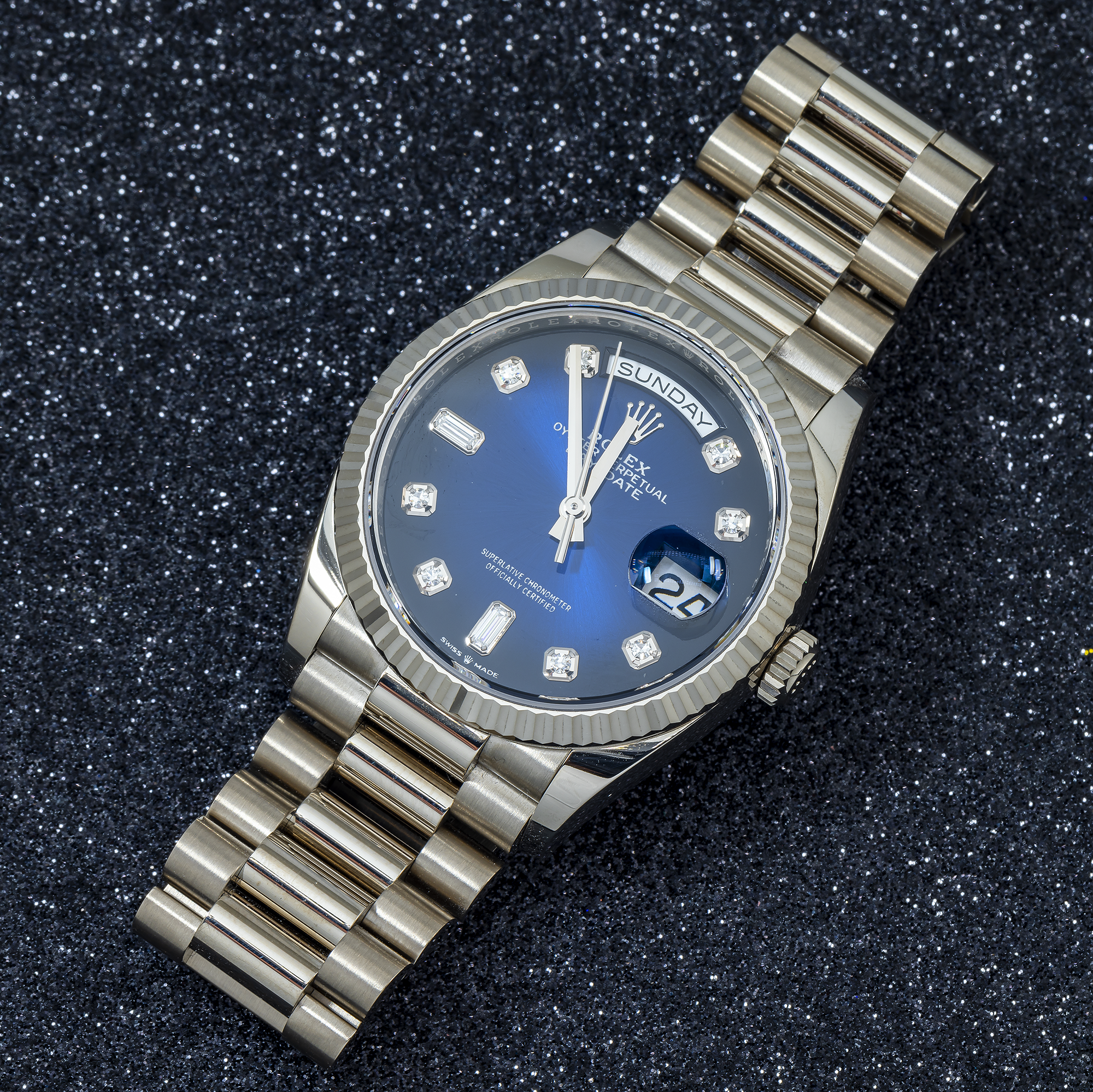 ROLEX DAY-DATE 36 PRESIDENT BLUE DIAMOND DIAL 128239 WITH WHITE GOLD PRESIDENT OYSTER BRACELET