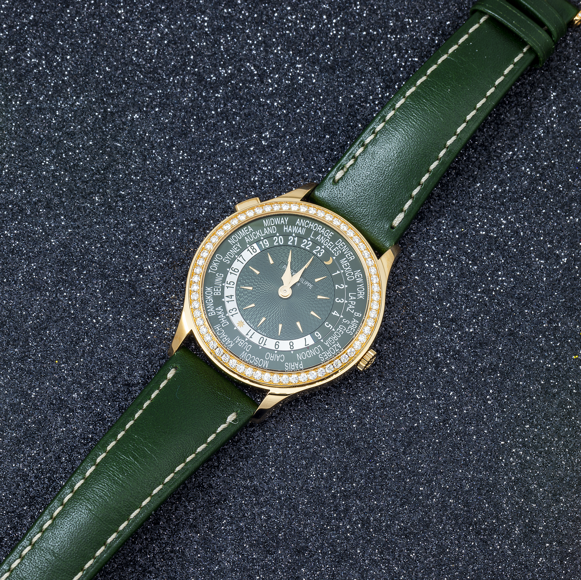PATEK PHILIPPE WORLD TIME COMPLICATION WORLD TIME 7130R-014 WITH GREEN LEATHER BRACELT