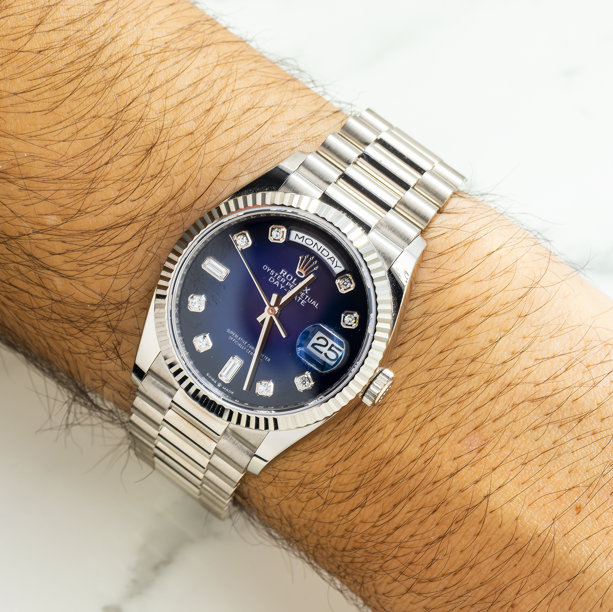 ROLEX DAY-DATE 36 PRESIDENT BLUE DIAMOND DIAL 128239 WITH WHITE GOLD PRESIDENT OYSTER BRACELET