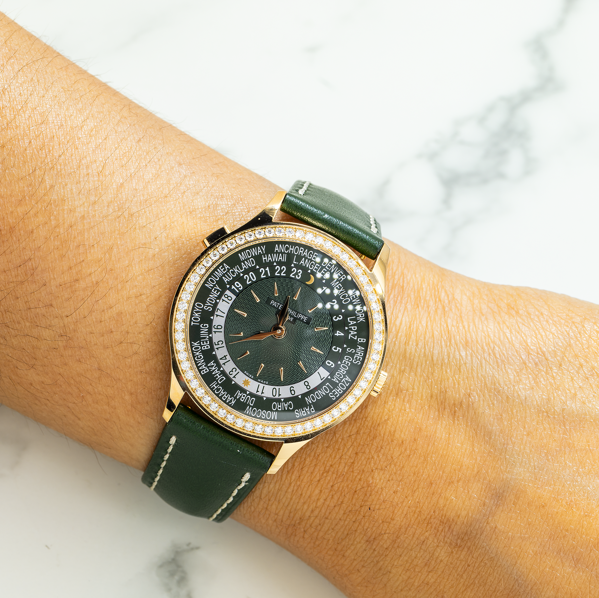 PATEK PHILIPPE WORLD TIME COMPLICATION WORLD TIME 7130R-014 WITH GREEN LEATHER BRACELT