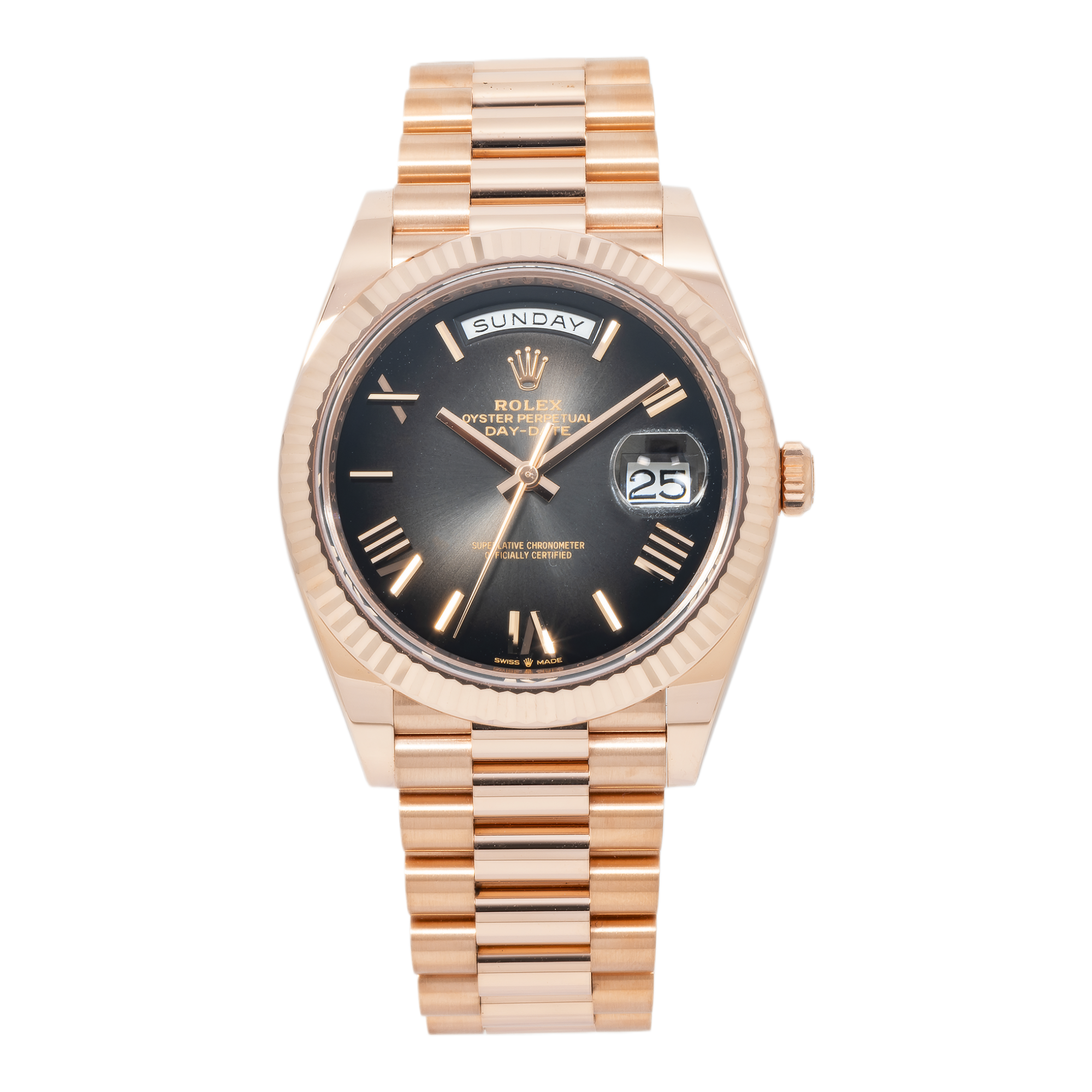 Rolex Day Date 228235 40MM Black Roman Numeral Dial With Rose Gold Presidential Bracelet