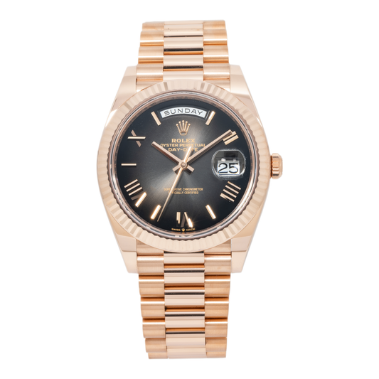Rolex Day Date 228235 40MM Black Roman Numeral Dial With Rose Gold Presidential Bracelet