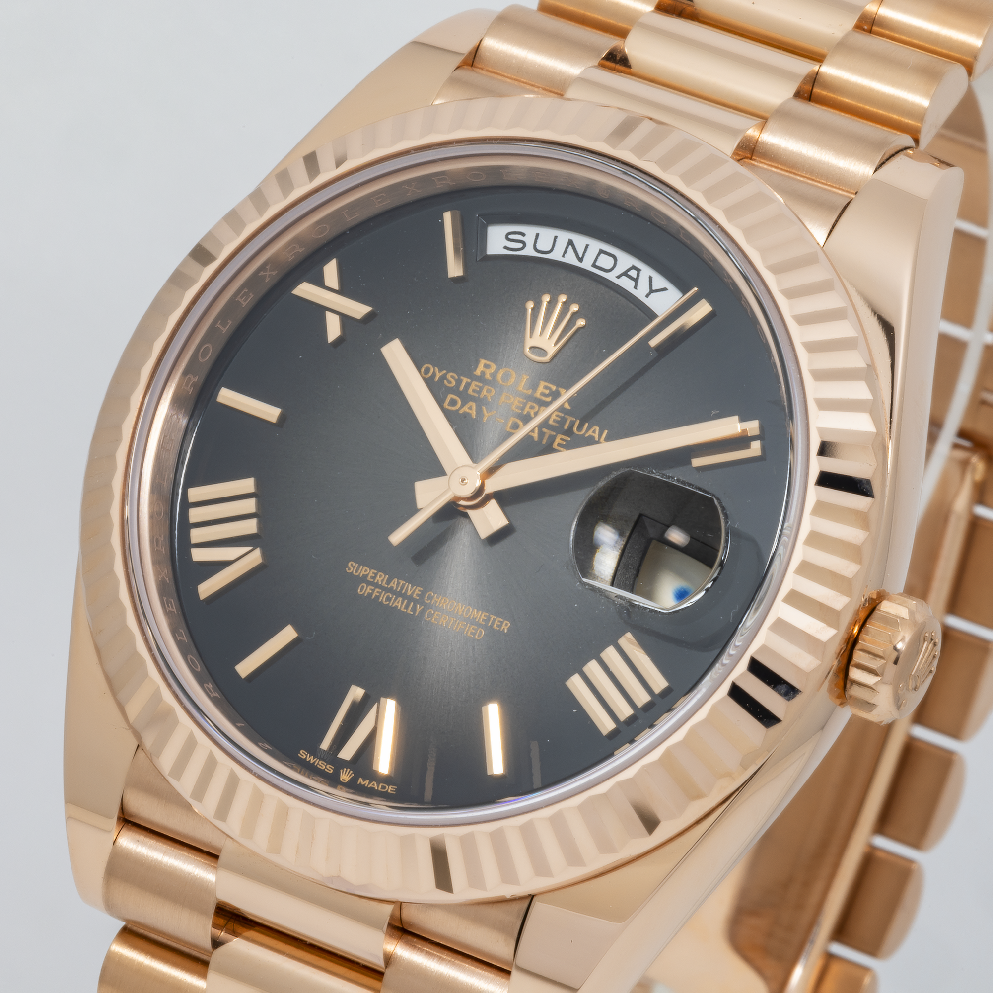 Rolex Day Date 228235 40MM Black Roman Numeral Dial With Rose Gold Presidential Bracelet