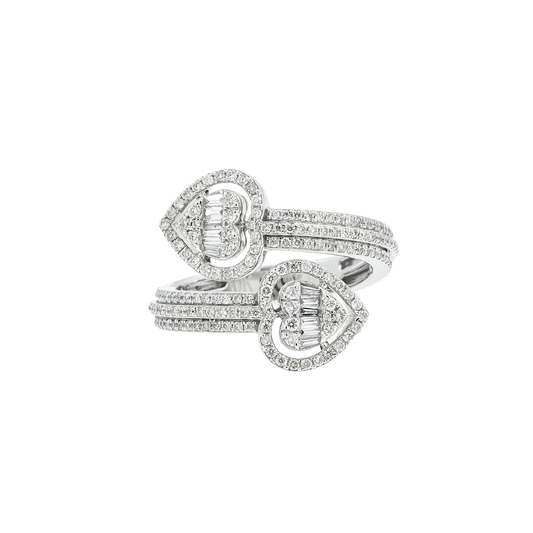 10K GOLD ROUND AND BAGUETTE DIAMOND HEART BYPASS RING 1.00 CT