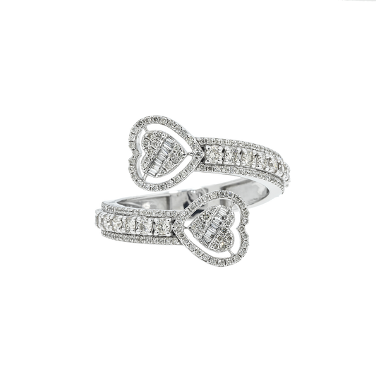 10K GOLD ROUND AND BAGUETTE DIAMOND HEART BYPASS RING 0.90 CT