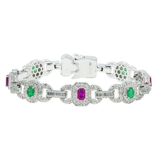 10K GOLD BAGUETTE AND ROUND MULTICOLOR DIAMOND CLUSTER MARINER LINK BRACELET 7.63 CTW