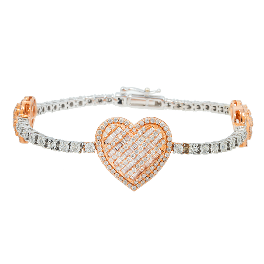 10K GOLD TWO TONE BAGUETTE & ROUND DIAMONDS HEART BRACELET 2.25 CT