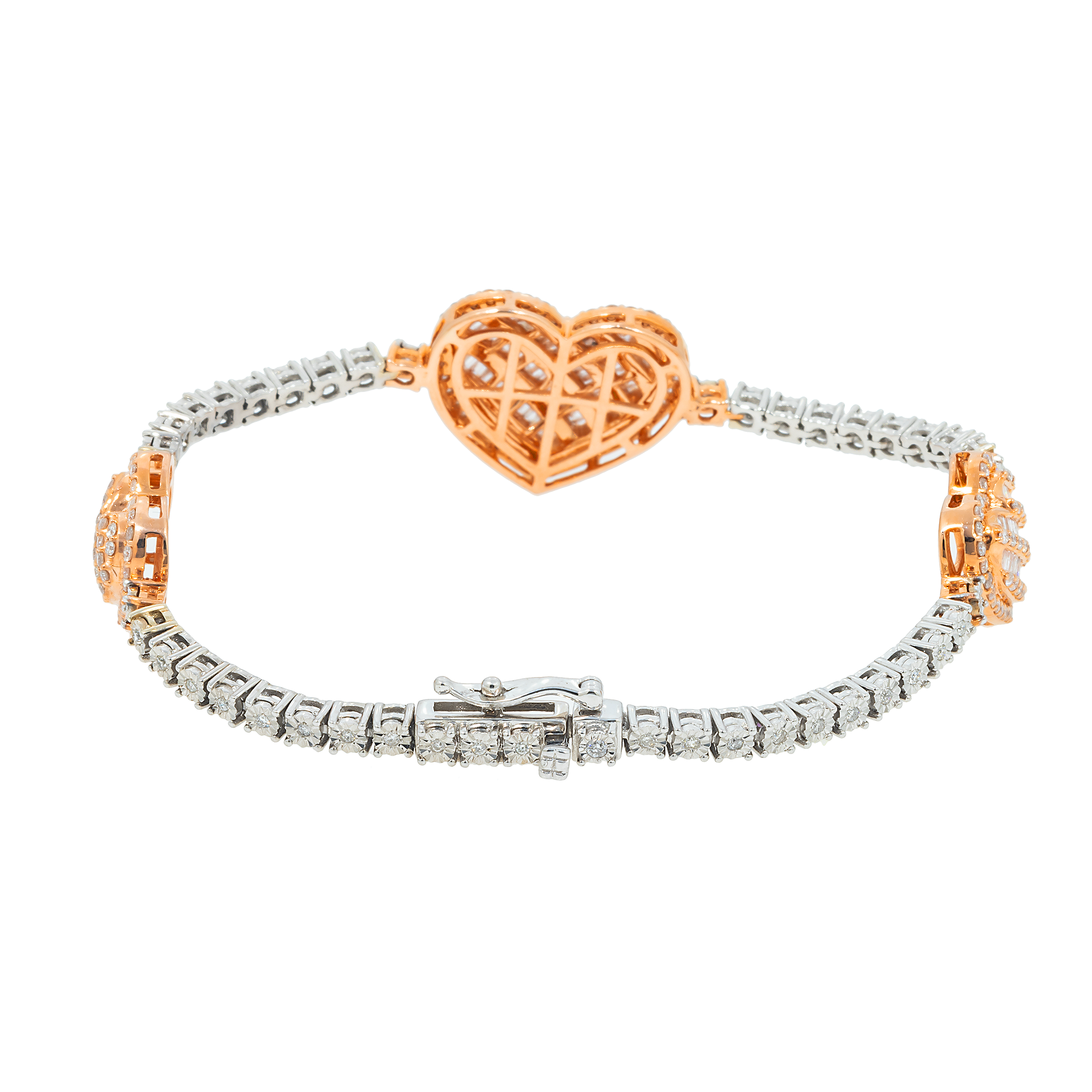 10K GOLD TWO TONE BAGUETTE & ROUND DIAMONDS HEART BRACELET 2.25 CT