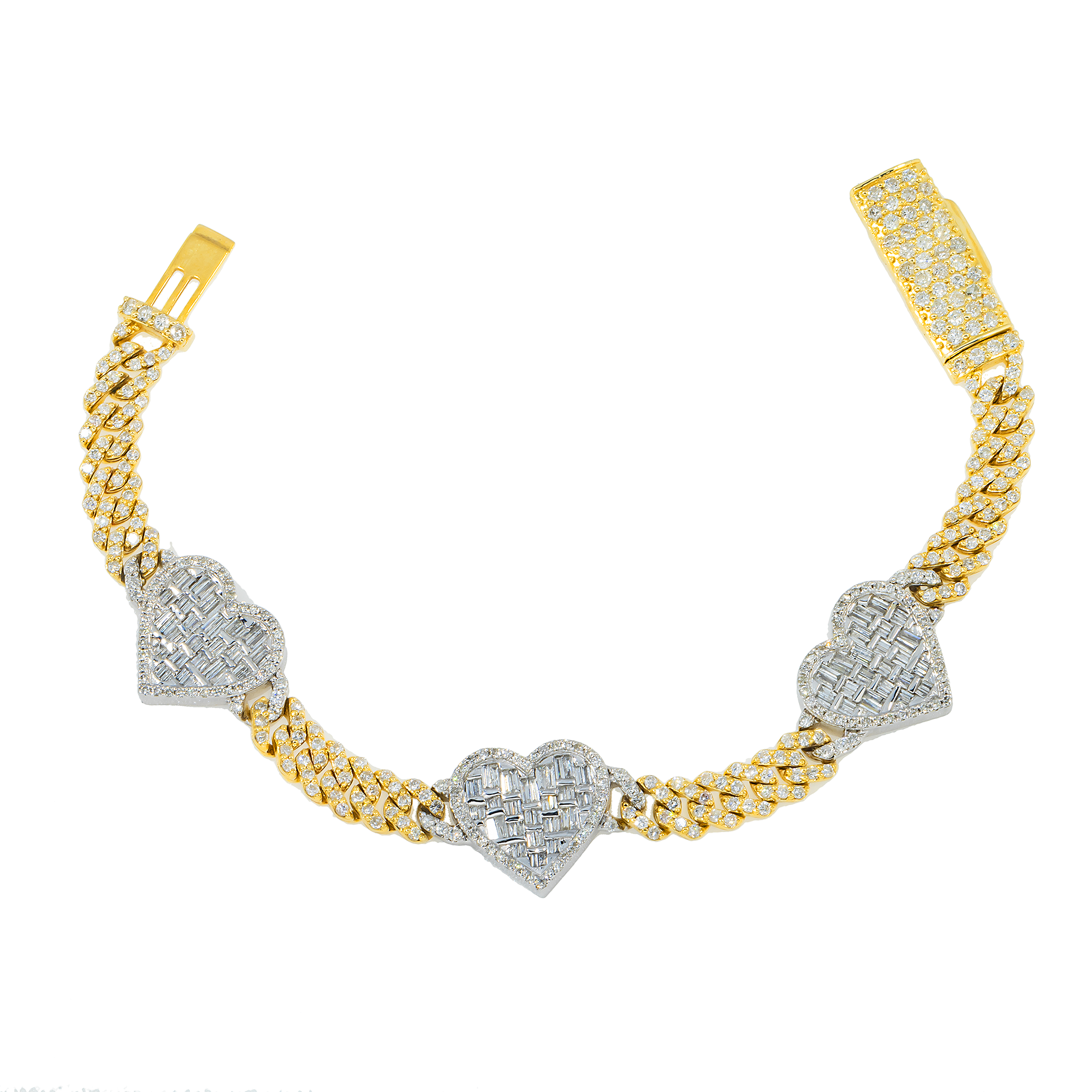 10K GOLD BAGUETTE AND ROUND DIAMONDS CUBAN HEARTS BRACELET 4.25 CT