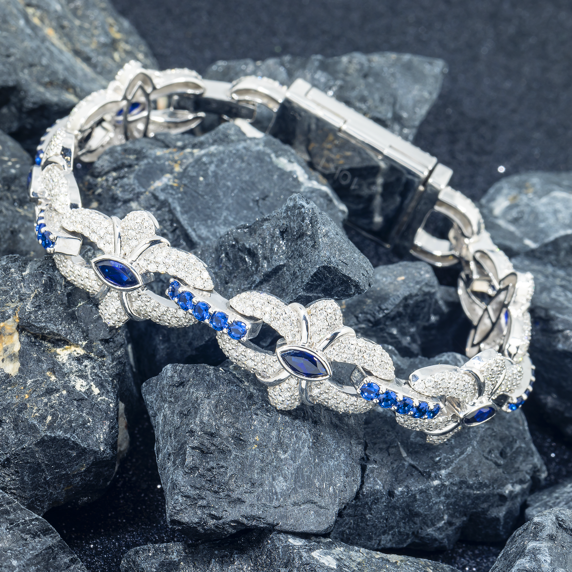 10K GOLD MARQUISE AND ROUND SAPPHIRE DIAMOND CLUSTER DESIGNER BRACELET 7.50 CTW