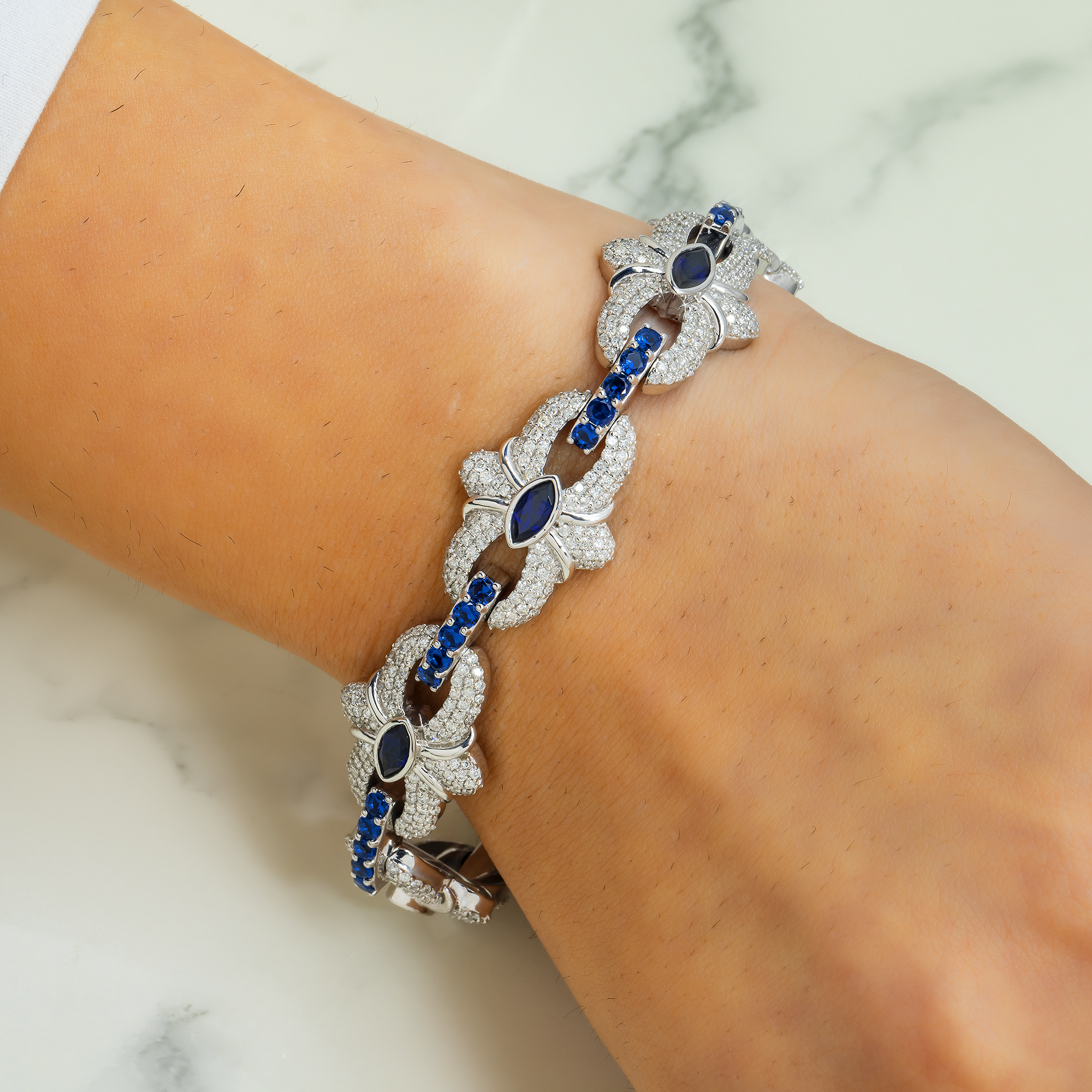 10K GOLD MARQUISE AND ROUND SAPPHIRE DIAMOND CLUSTER DESIGNER BRACELET 7.50 CTW