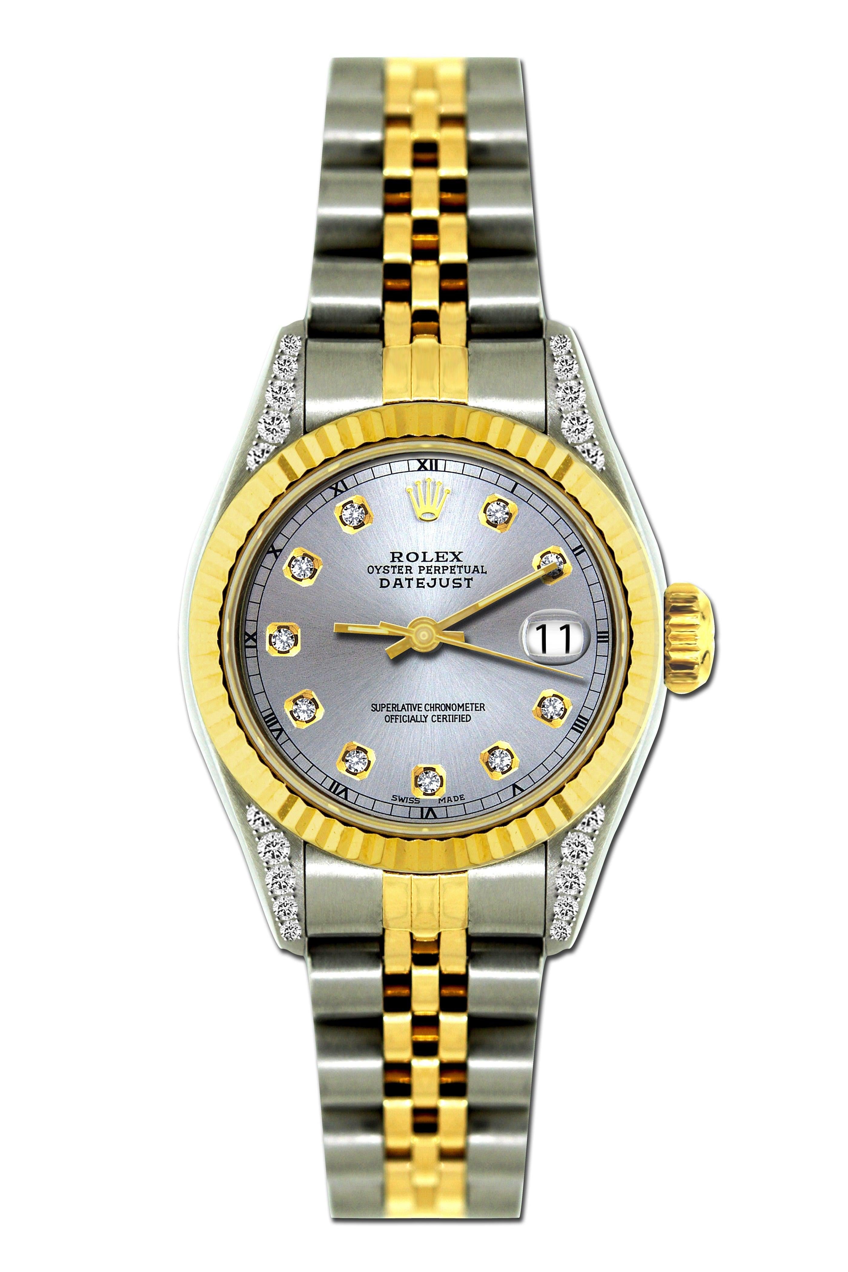 Rolex Datejust Diamond Watch, 26mm, Yellow Gold and Stainless Steel Bracelet Silver Dial w/ Diamond Lugs