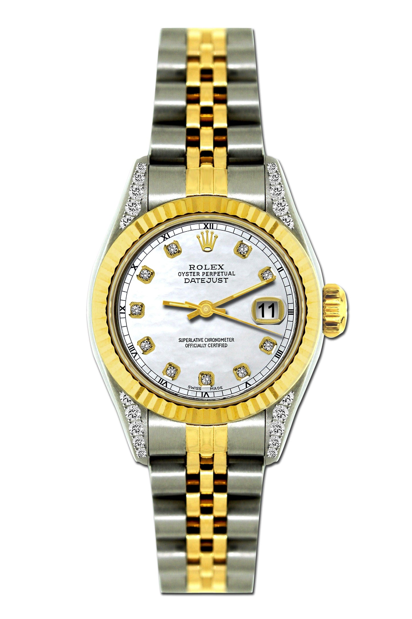 Rolex Datejust Diamond Watch, 26mm, Yellow Gold and Stainless Steel Bracelet White Dial w/ Diamond Lugs