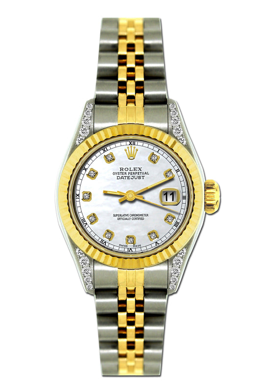 Rolex Datejust Diamond Watch, 26mm, Yellow Gold and Stainless Steel Bracelet White Dial w/ Diamond Lugs
