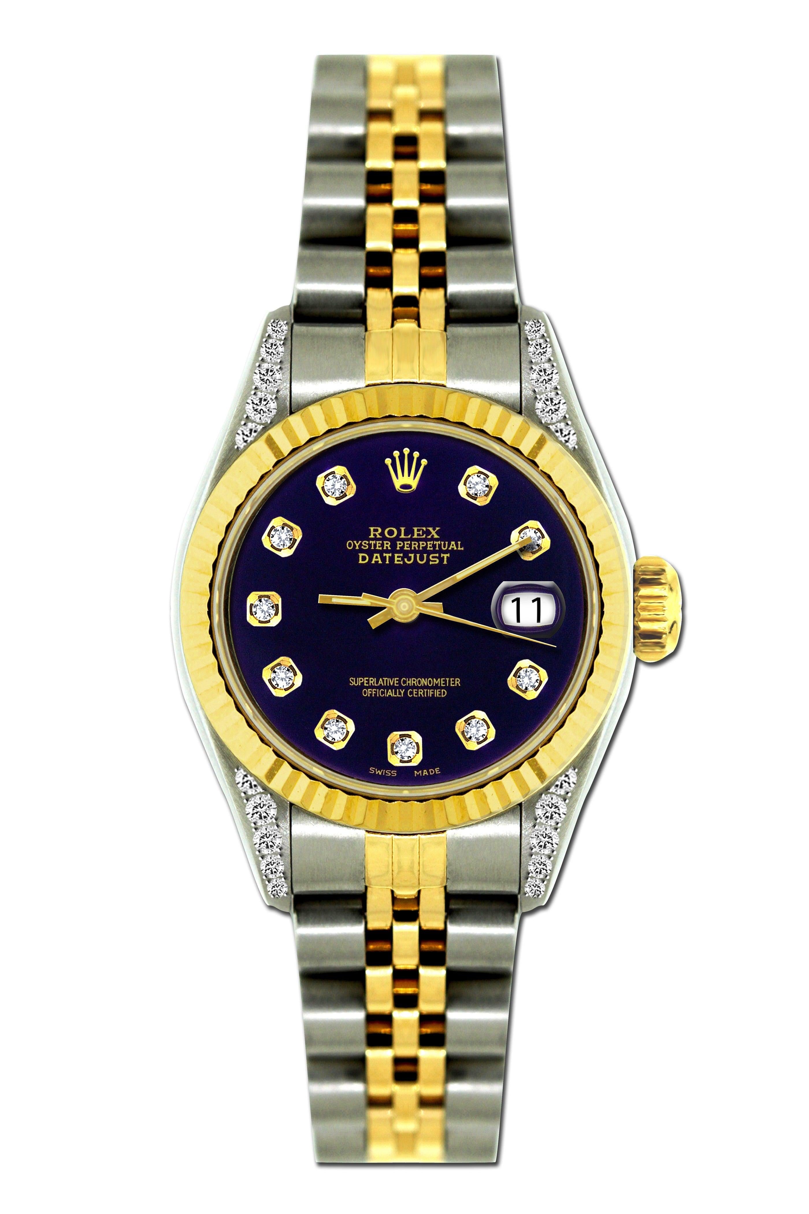 Rolex Datejust Diamond Watch, 26mm, Yellow Gold and Stainless Steel Bracelet Black Dial w/ Diamond Lugs