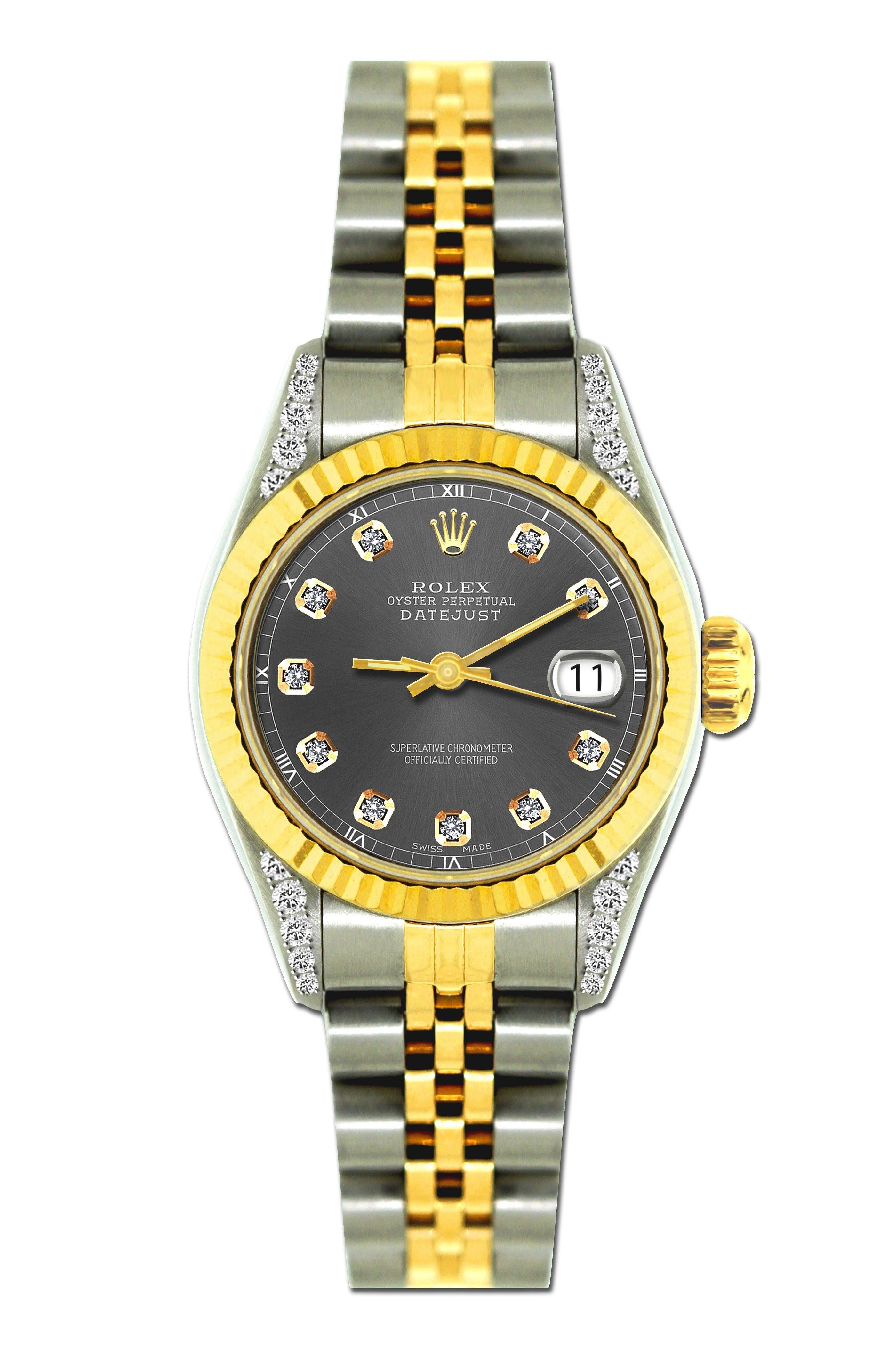 Rolex Datejust Diamond Watch, 26mm, Yellow Gold and Stainless Steel Bracelet Gray Dial w/ Diamond Lugs