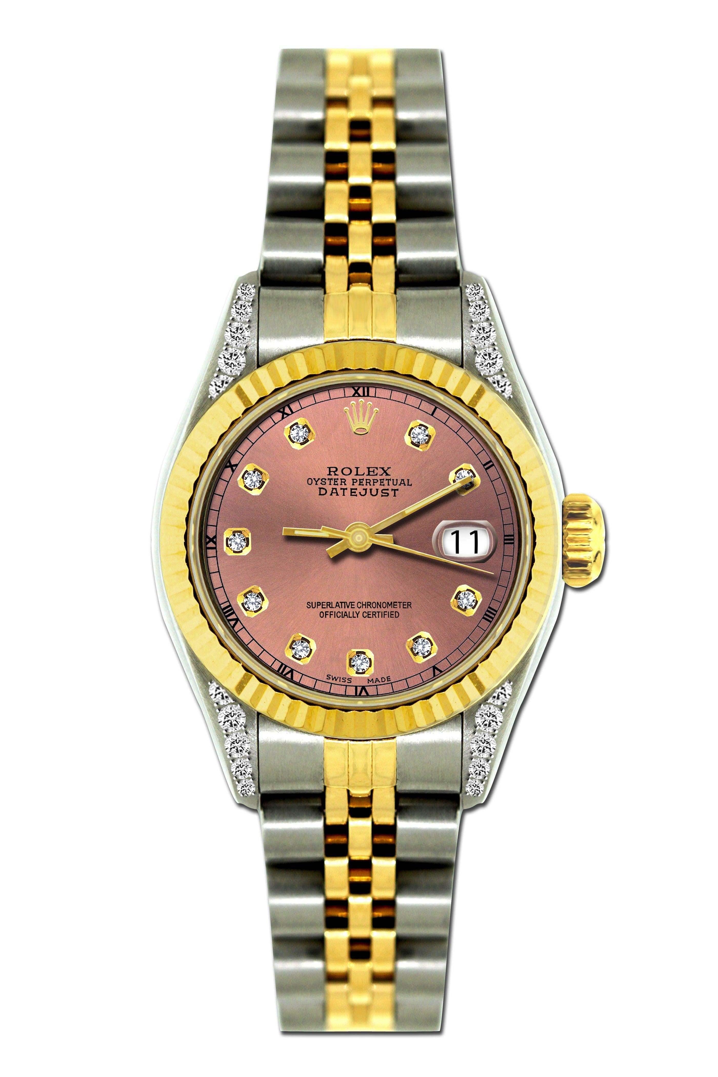 Rolex Datejust Diamond Watch, 26mm, Yellow Gold and Stainless Steel Bracelet  Pink Dial w/ Diamond Lugs