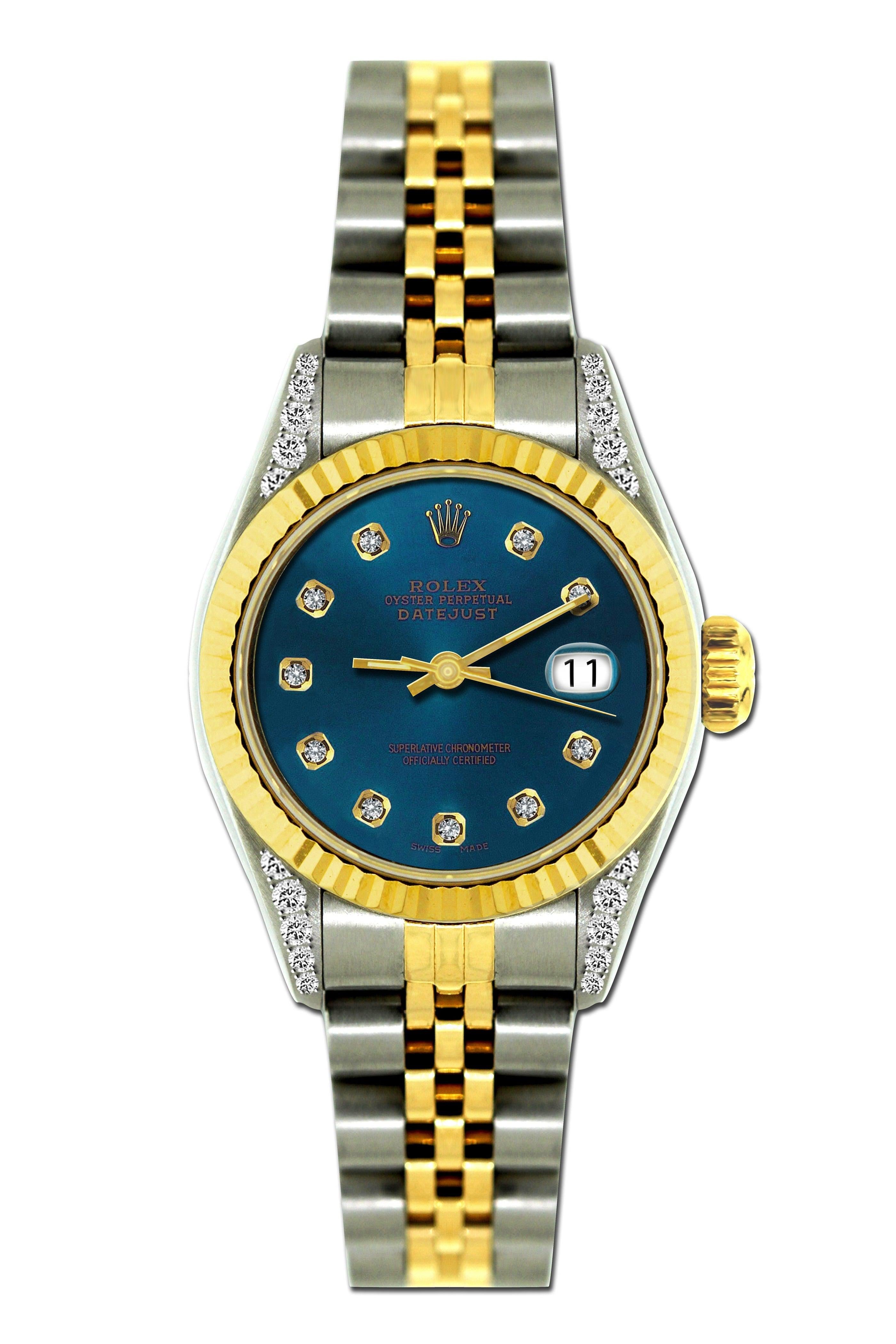 Rolex Datejust Diamond Watch, 26mm, Yellow Gold and Stainless Steel Bracelet Blue Dial w/ Diamond Lugs