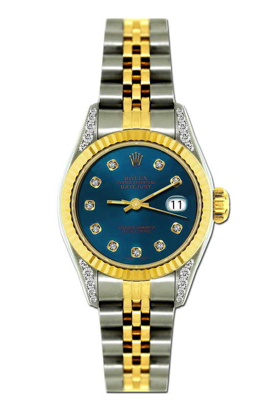 Rolex Datejust Diamond Watch, 26mm, Yellow Gold and Stainless Steel Bracelet Blue Dial w/ Diamond Lugs