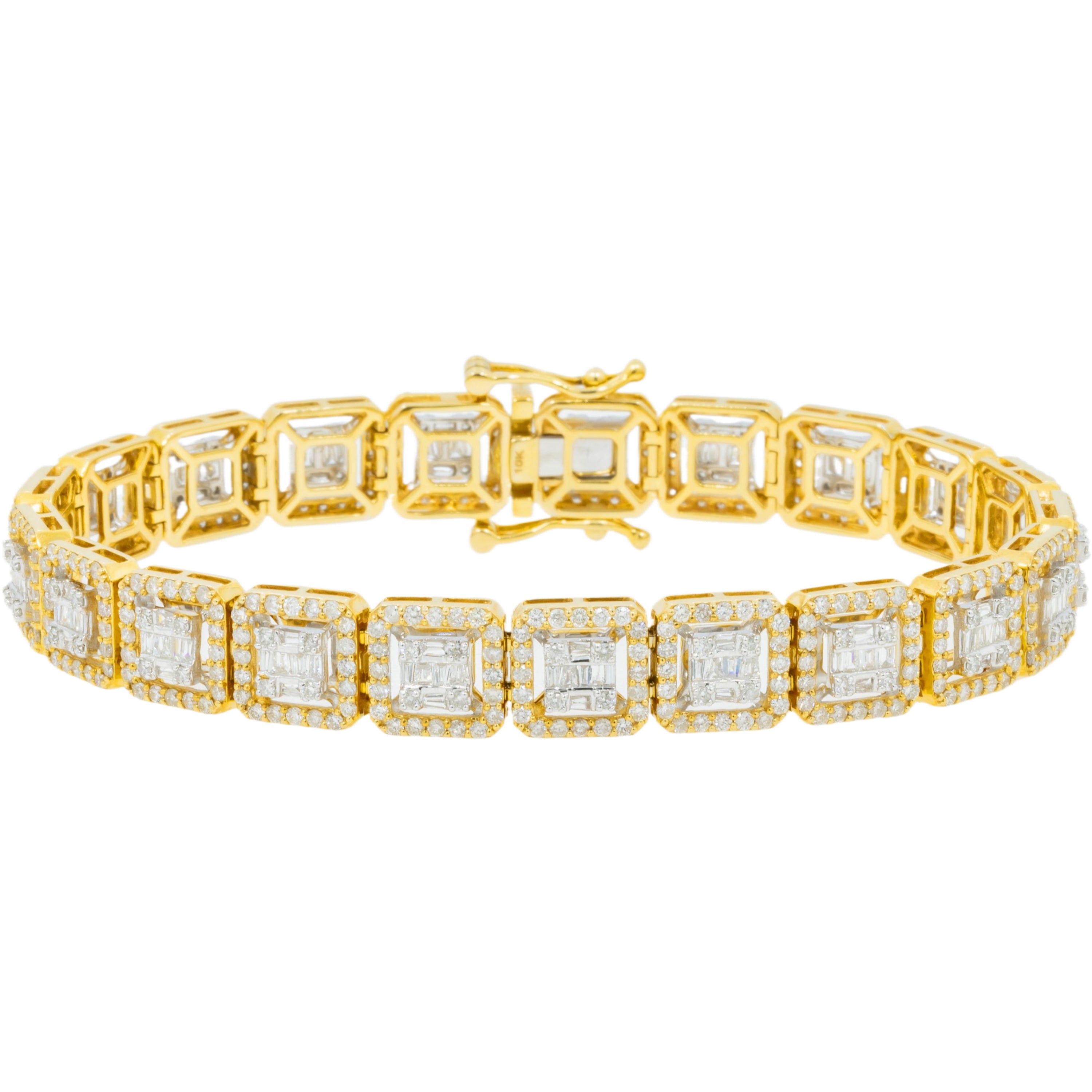 10K GOLD BAGUETTE AND ROUND DIAMONDS SQUARE SHAPED BRACELET 7.47 CT