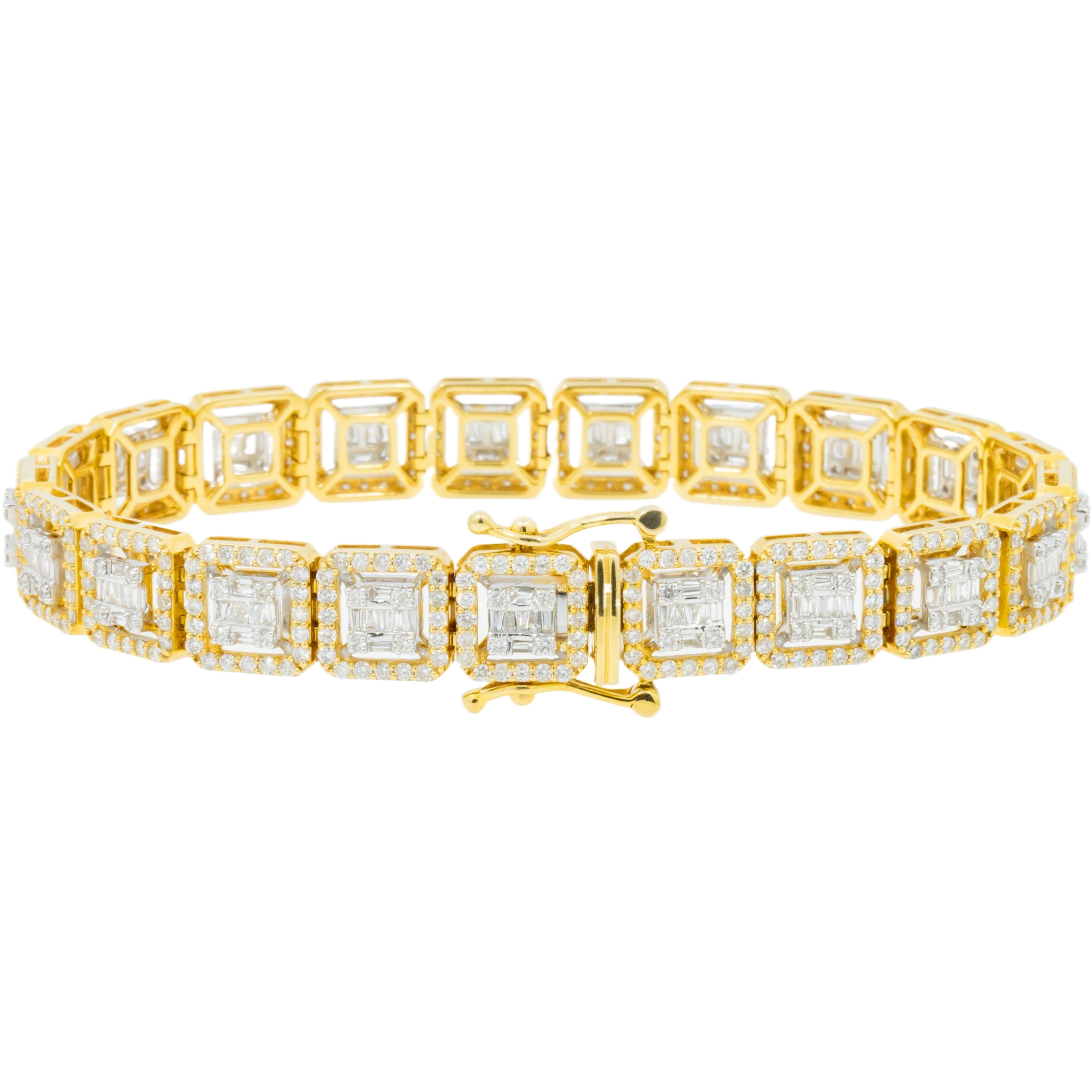 10K GOLD BAGUETTE AND ROUND DIAMONDS SQUARE SHAPED BRACELET 7.47 CT
