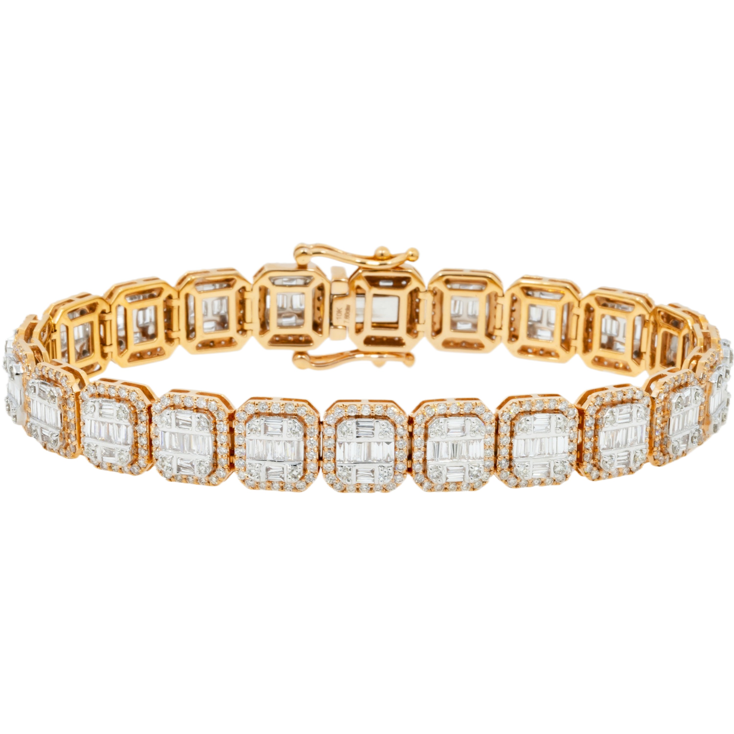 10K GOLD BAGUETTE AND ROUND DIAMONDS 10MM BRACELET 7.67 CT
