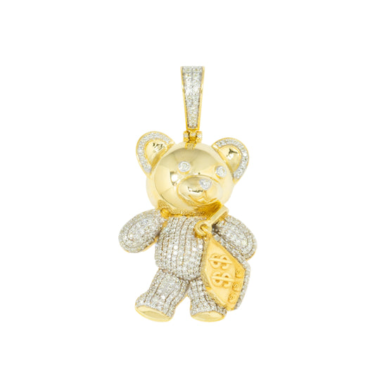 10K GOLD ROUND DIAMOND BEAR WITH MONEY BAG PENDANT 1.10 CT