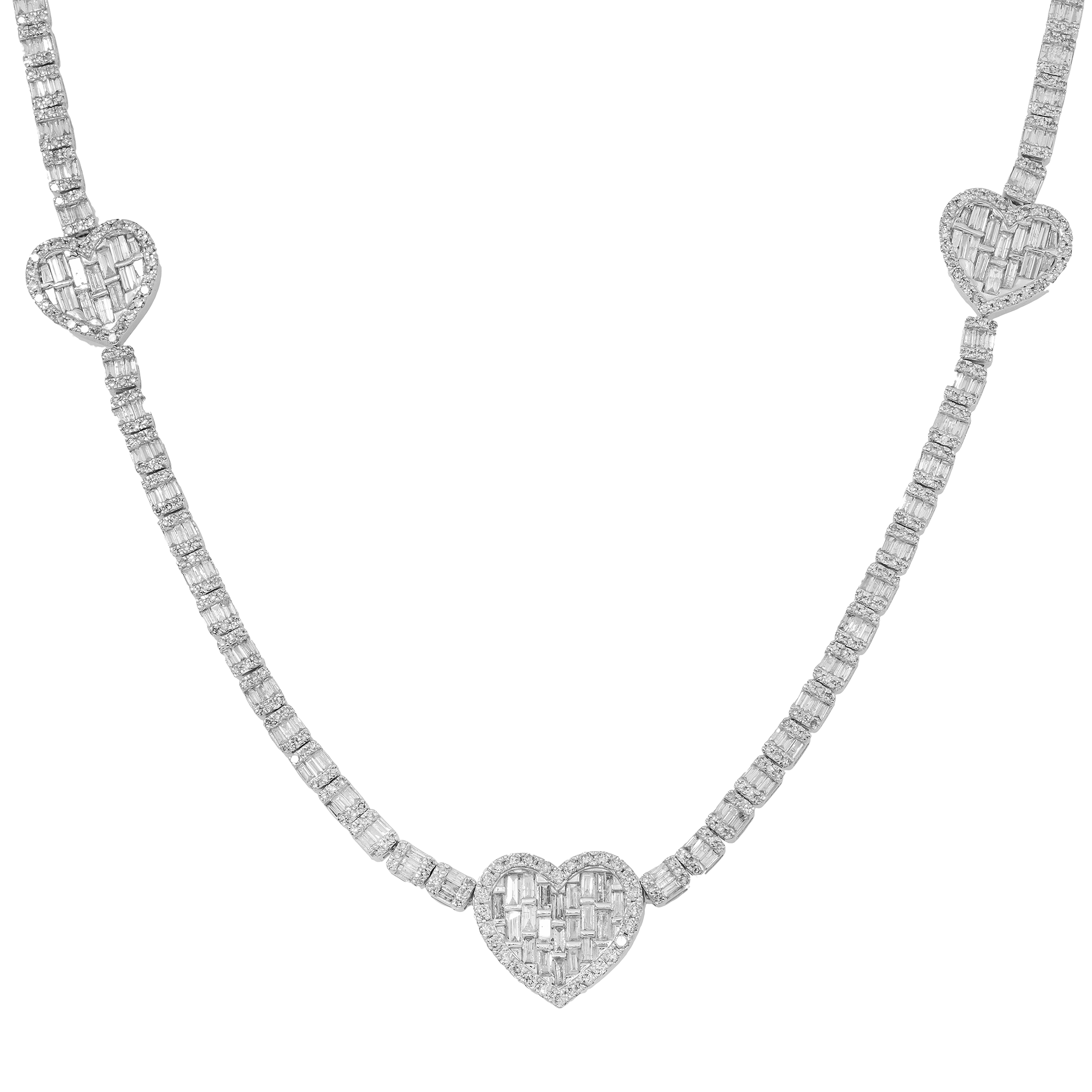 10K GOLD BAGUETTE AND ROUND DIAMOND TRIPLE HEART CHAIN 7.36 CT