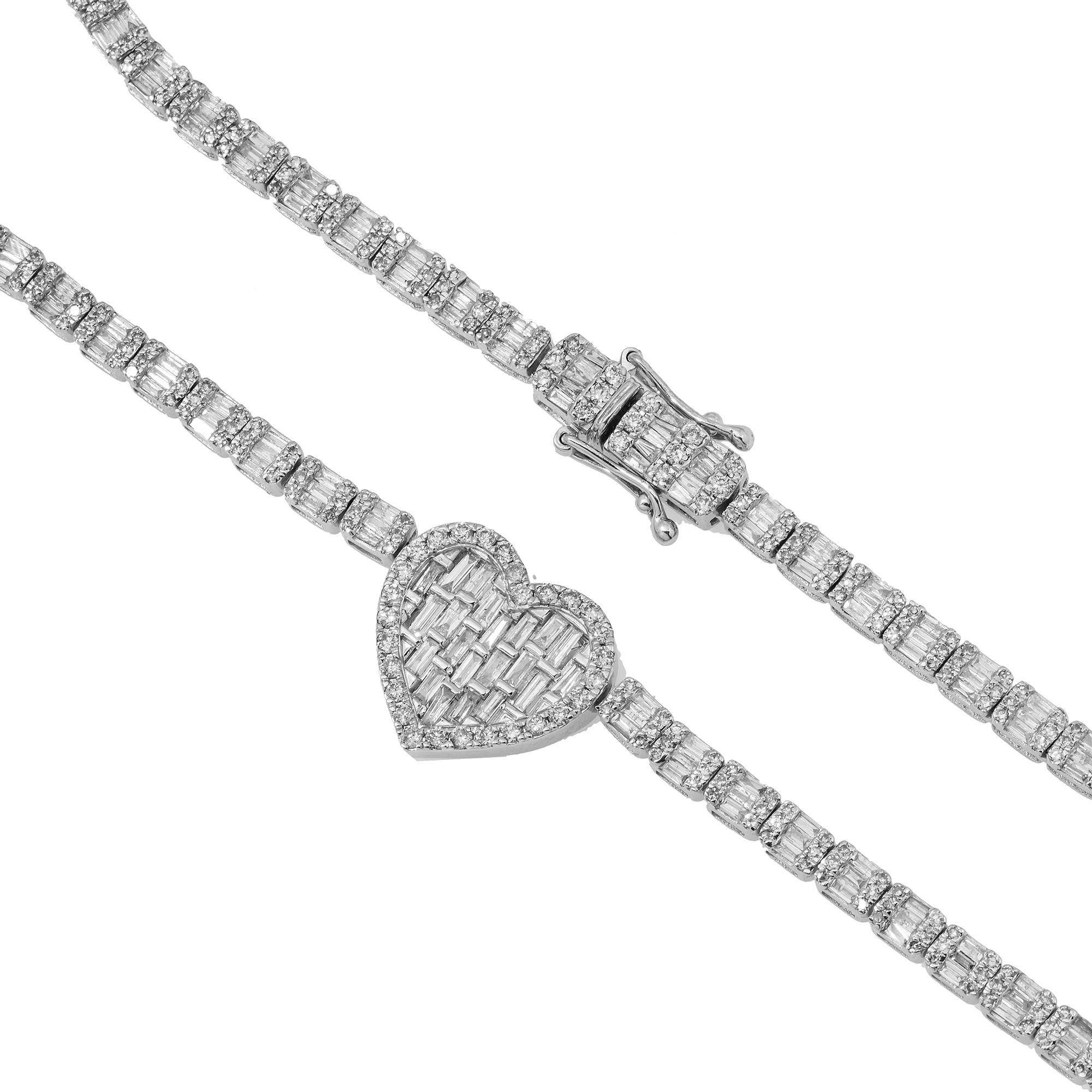 10K GOLD BAGUETTE AND ROUND DIAMOND TRIPLE HEART CHAIN 7.36 CT