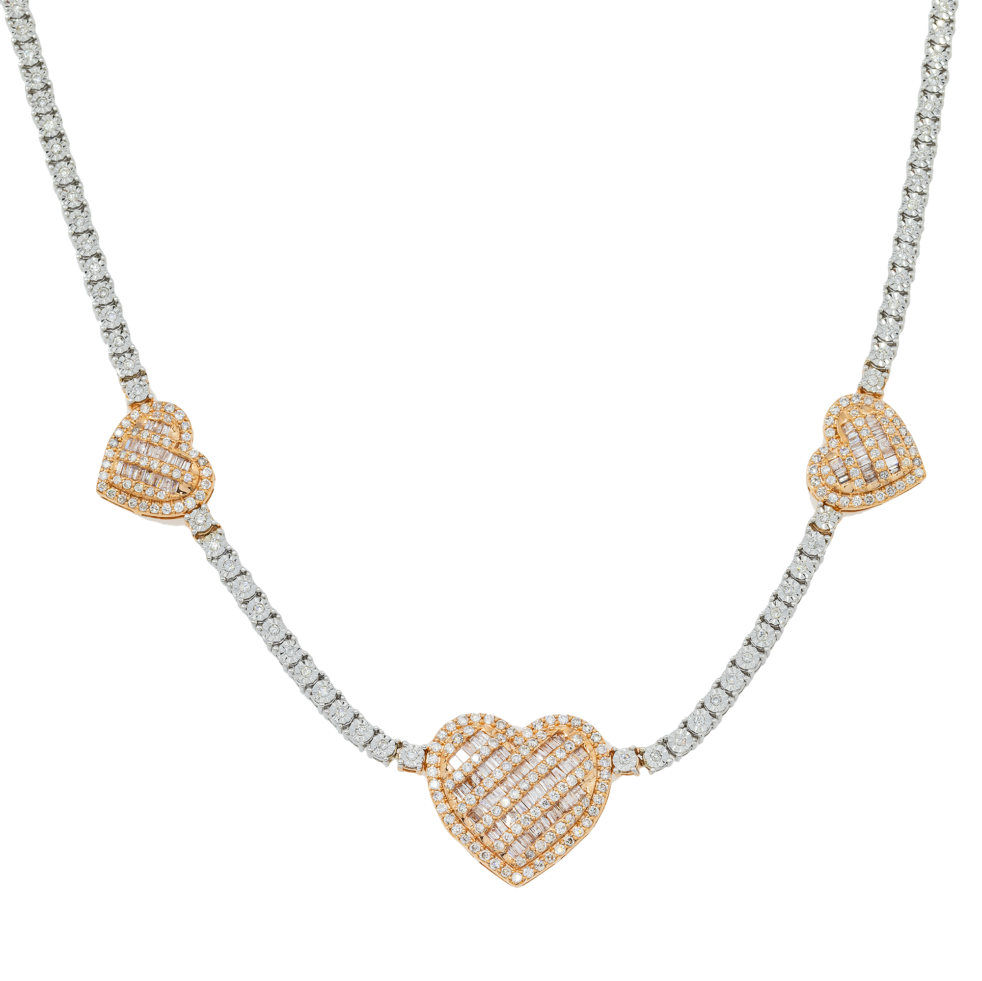 10K GOLD TWO TONE BAGUETTE AND ROUND DIAMOND HEART TENNIS CHAIN 3.00 CT