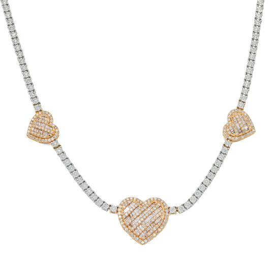 10K GOLD TWO TONE BAGUETTE AND ROUND DIAMOND HEART TENNIS CHAIN 3.00 CT