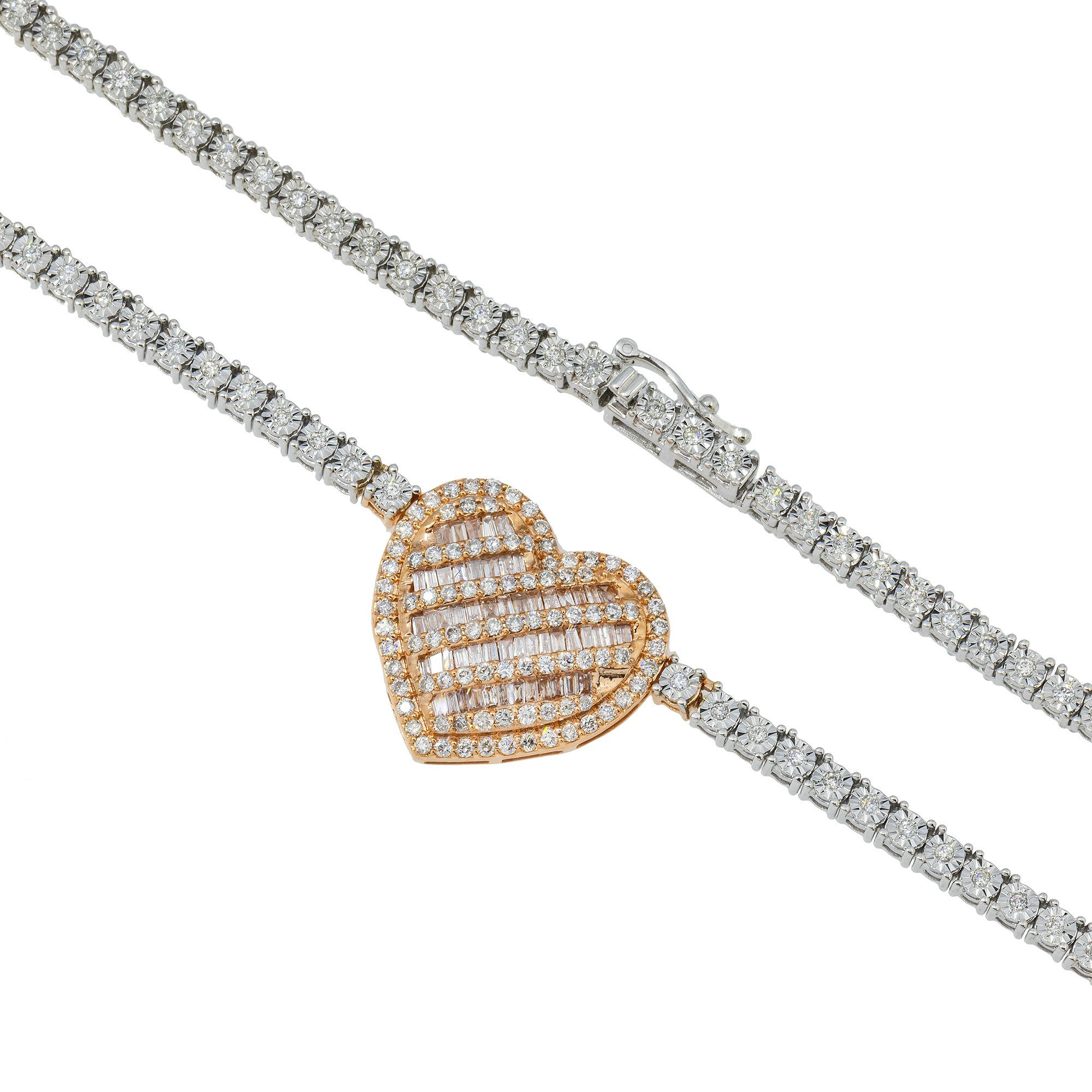 10K GOLD TWO TONE BAGUETTE AND ROUND DIAMOND HEART TENNIS CHAIN 3.00 CT