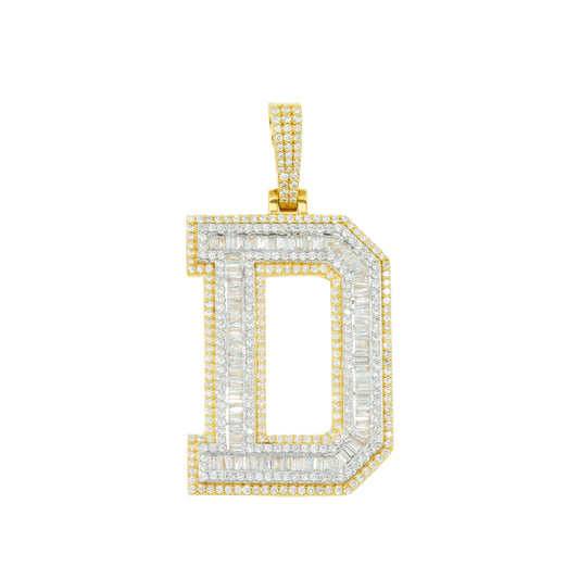 10K GOLD BAGUETTE AND ROUND DIAMOND INITIAL D PENDANT 1.82 CT