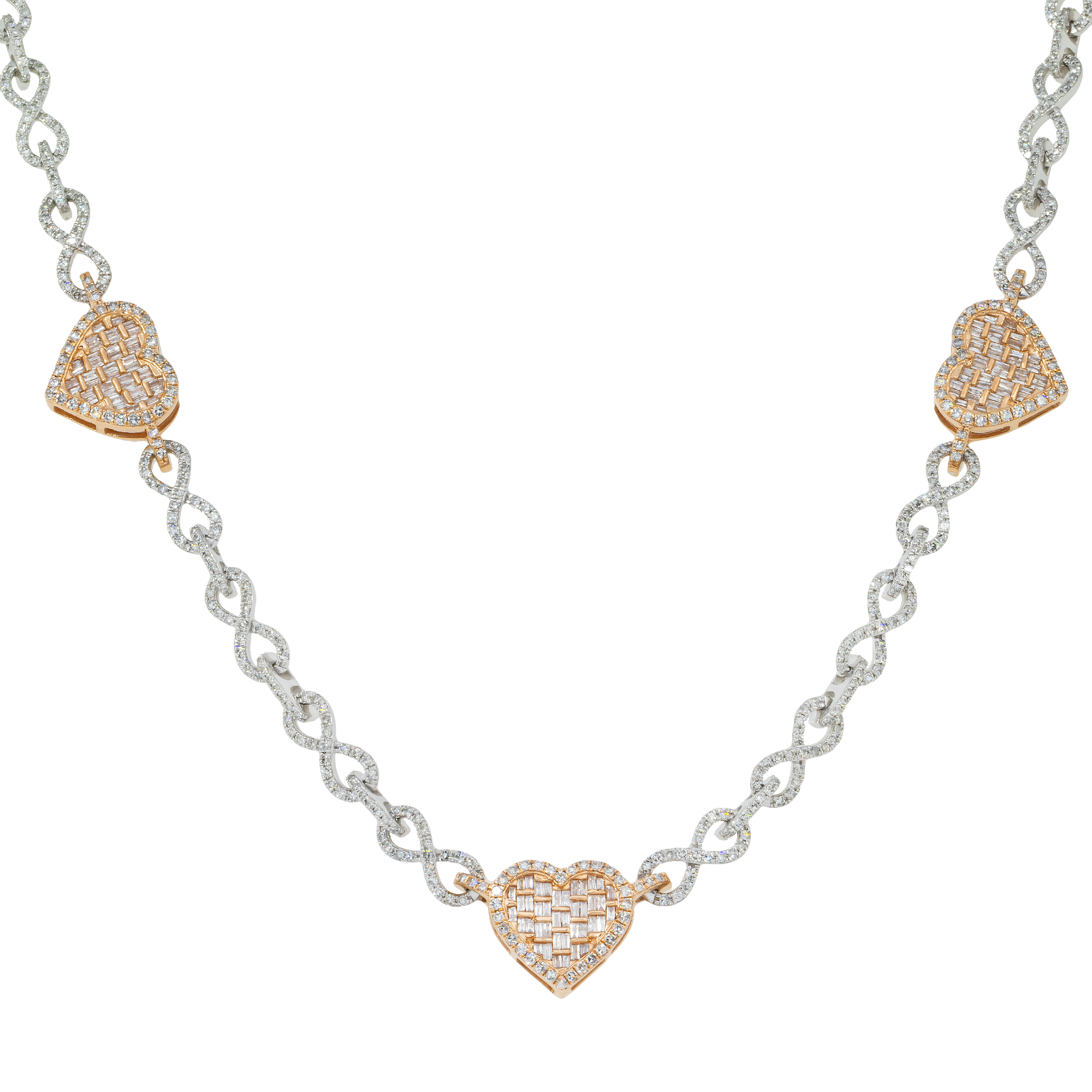 10K GOLD TWO TONE BAGUETTE AND ROUND DIAMOND INFINTY LINK HEART CHAIN 6.51 CT