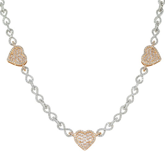10K GOLD TWO TONE BAGUETTE AND ROUND DIAMOND INFINTY LINK HEART CHAIN 6.51 CT