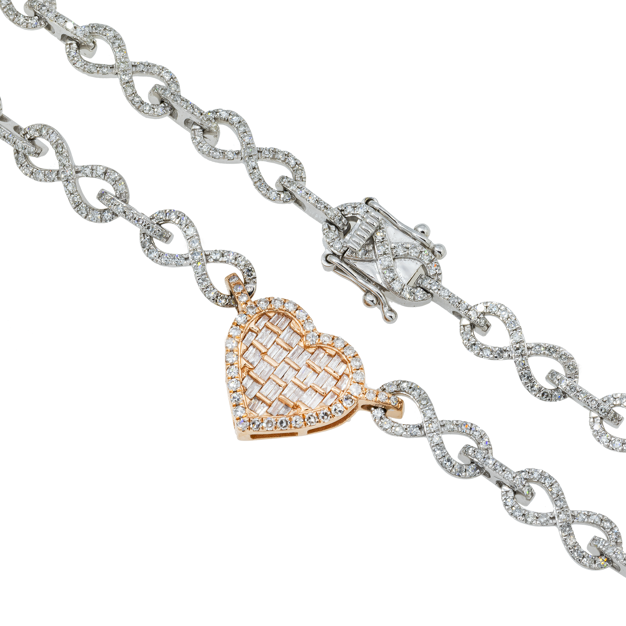 10K GOLD TWO TONE BAGUETTE AND ROUND DIAMOND INFINTY LINK HEART CHAIN 6.51 CT