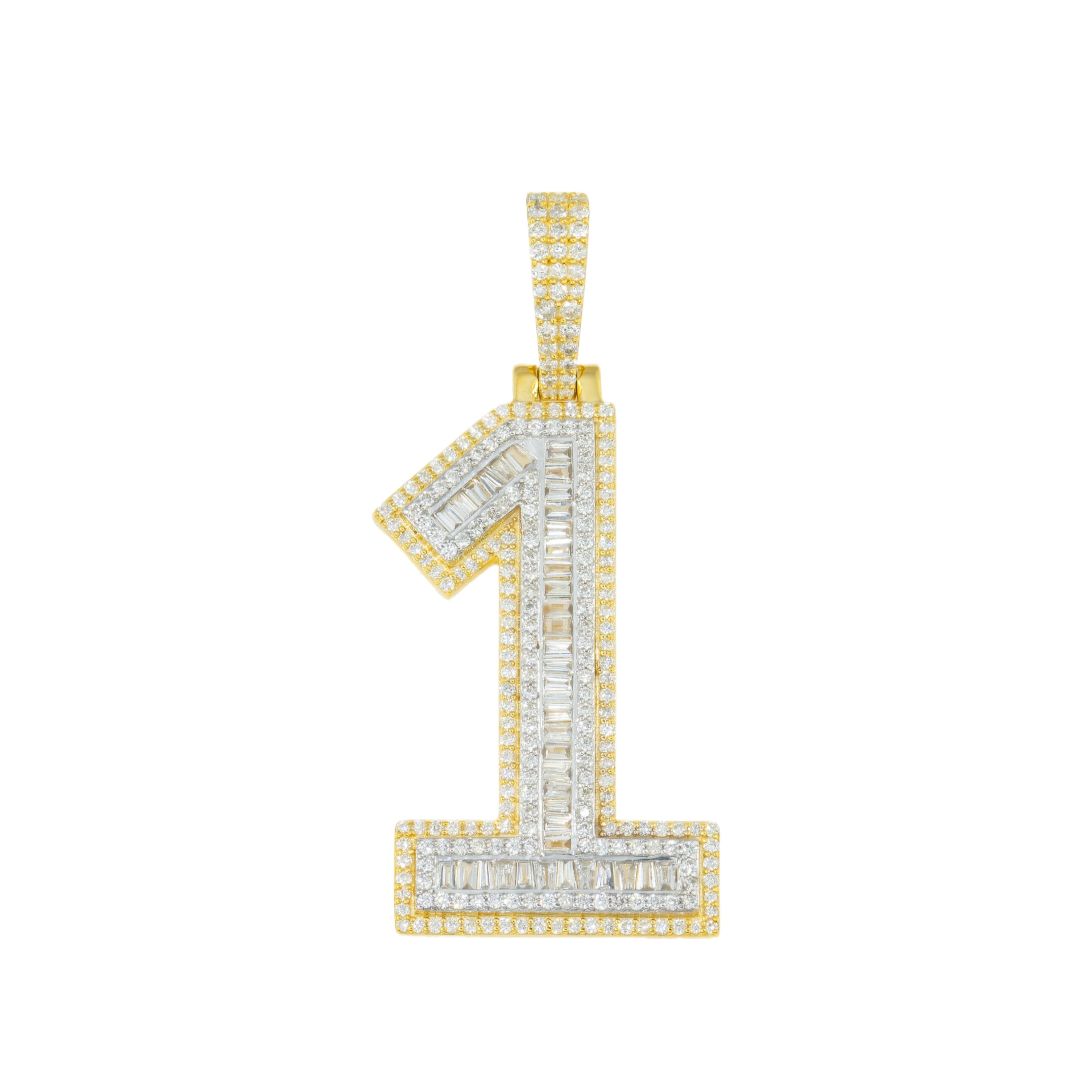 10K GOLD BAGUETTE AND ROUND DIAMOND NUMBER 1 PENDANT 1.33 CT