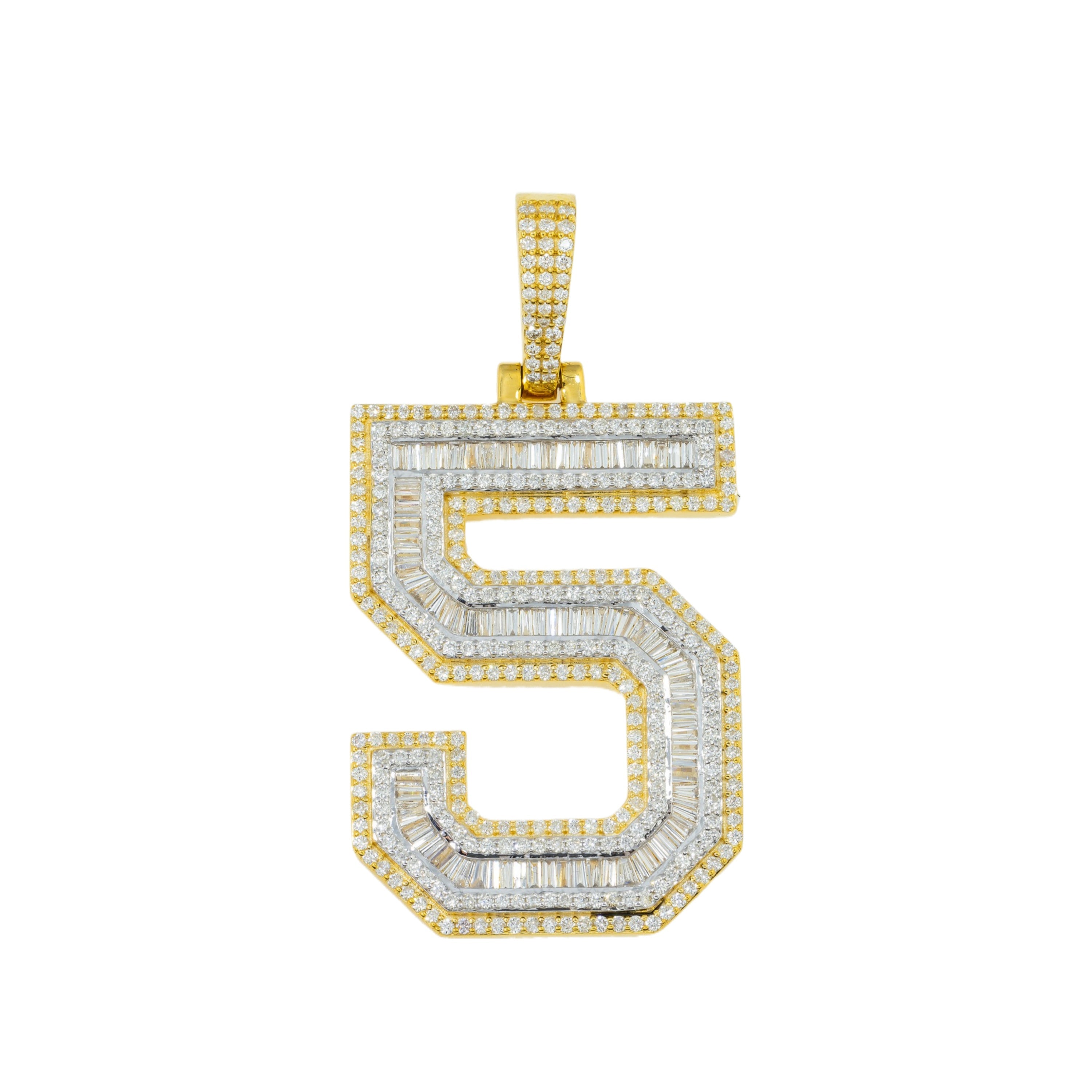 10K GOLD BAGUETTE AND ROUND DIAMOND NUMBER 5 PENDANT 1.86 CT