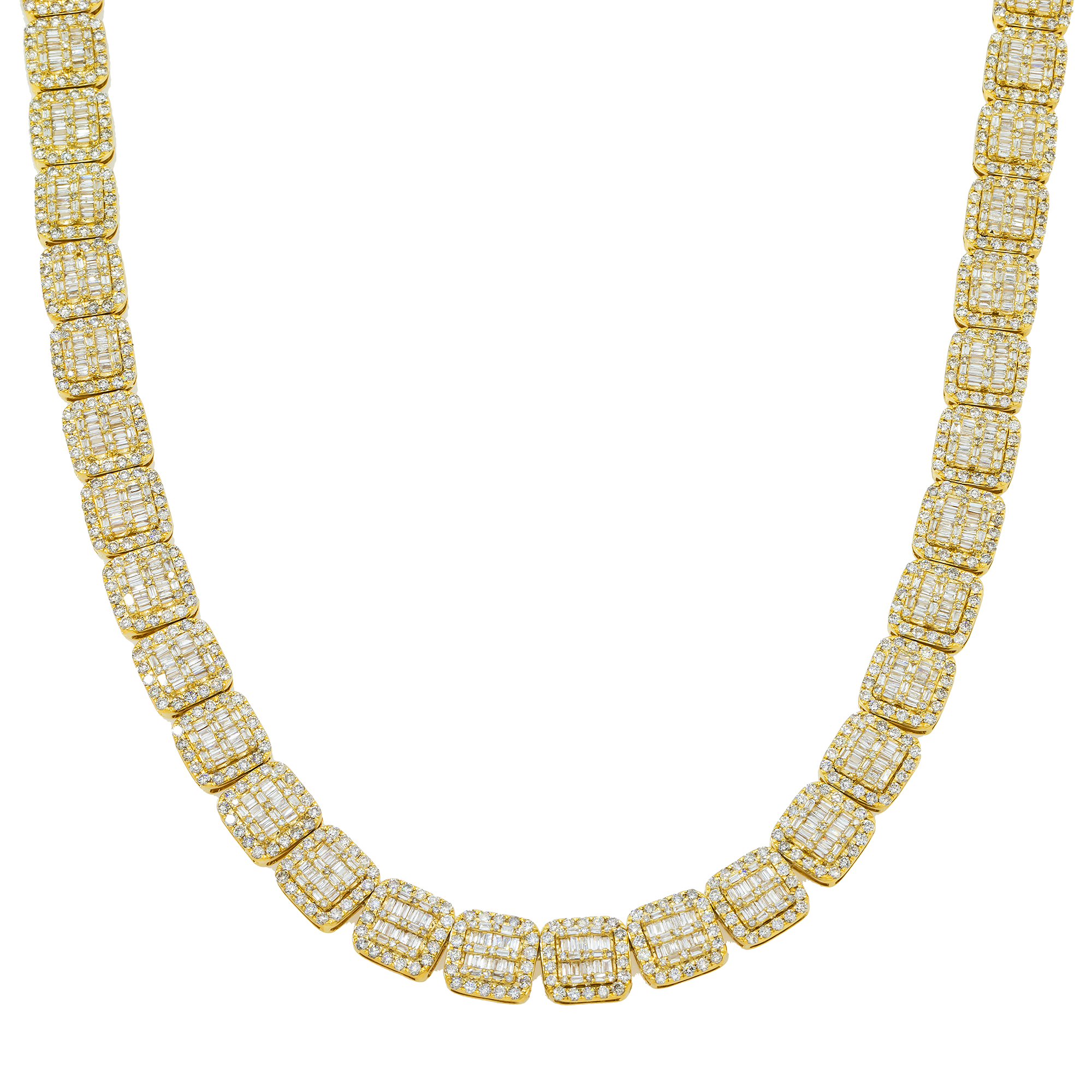 10K GOLD BAGUETTE AND ROUND DIAMOND CLUSTER SQUARE SHAPE CHAIN 11.00 CT
