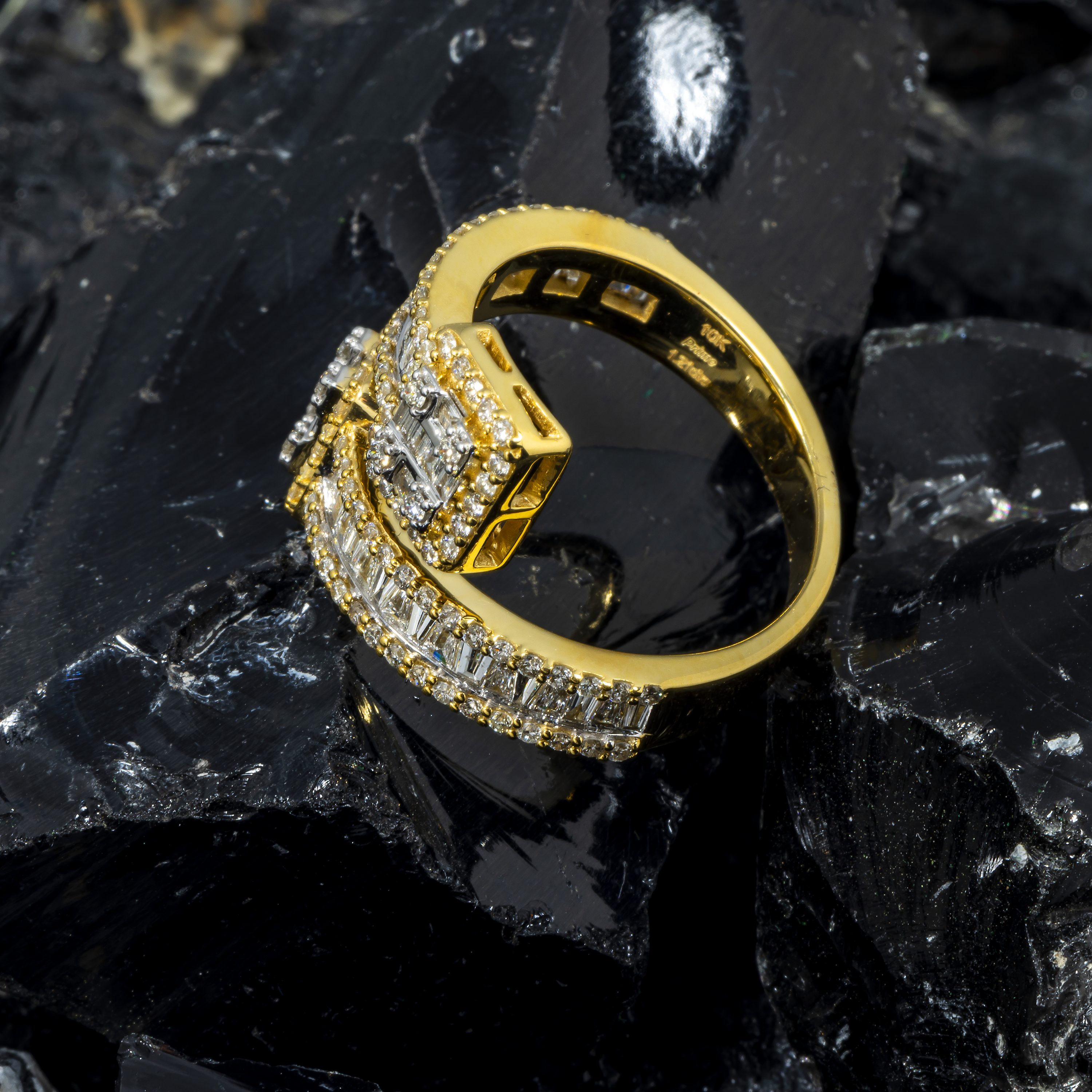 10K GOLD BAGUETTE AND ROUND DIAMOND DOUBLE SQUARE RING 1.27 CT