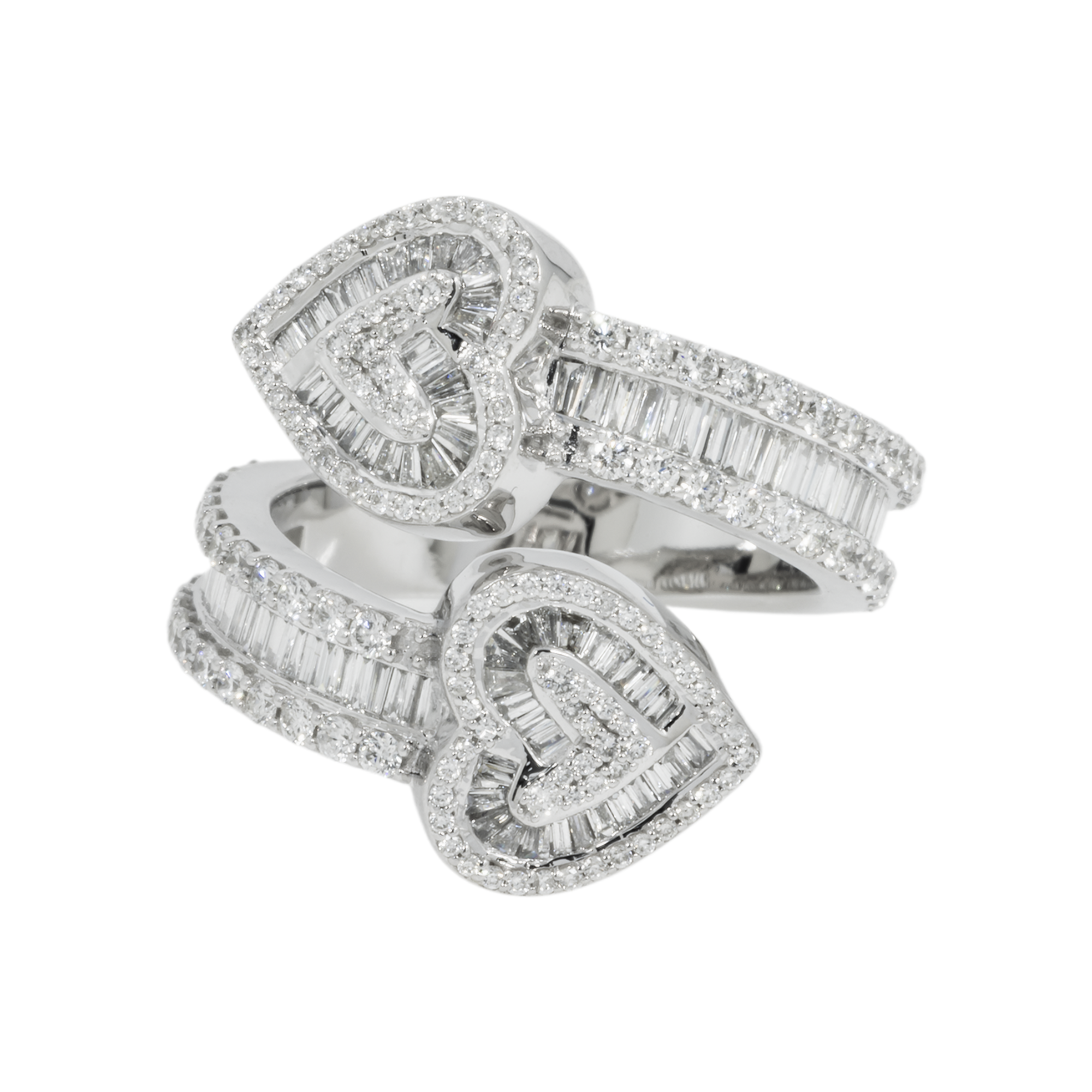 14K GOLD ROUND AND BAGUETTE DIAMOND HEART BYPASS RING 1.47 CT