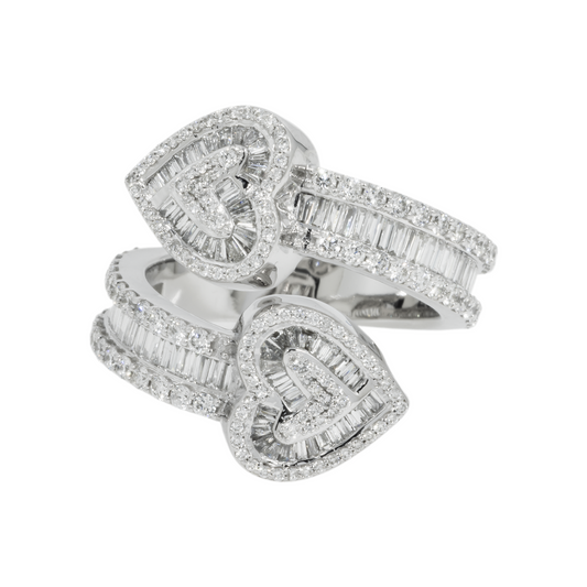 14K GOLD ROUND AND BAGUETTE DIAMOND HEART BYPASS RING 1.47 CT