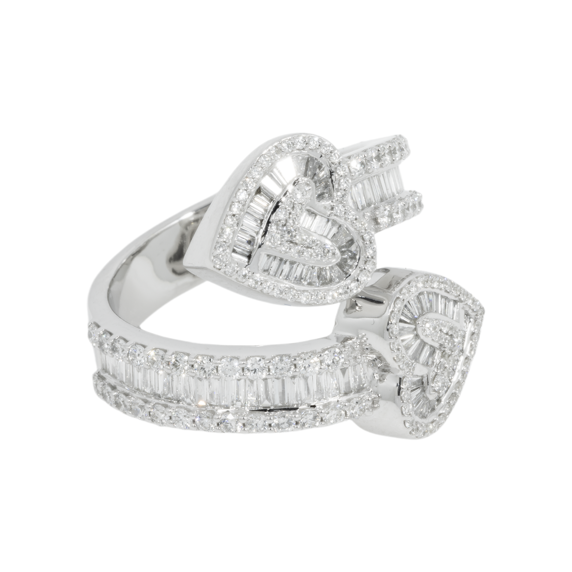 14K GOLD ROUND AND BAGUETTE DIAMOND HEART BYPASS RING 1.47 CT