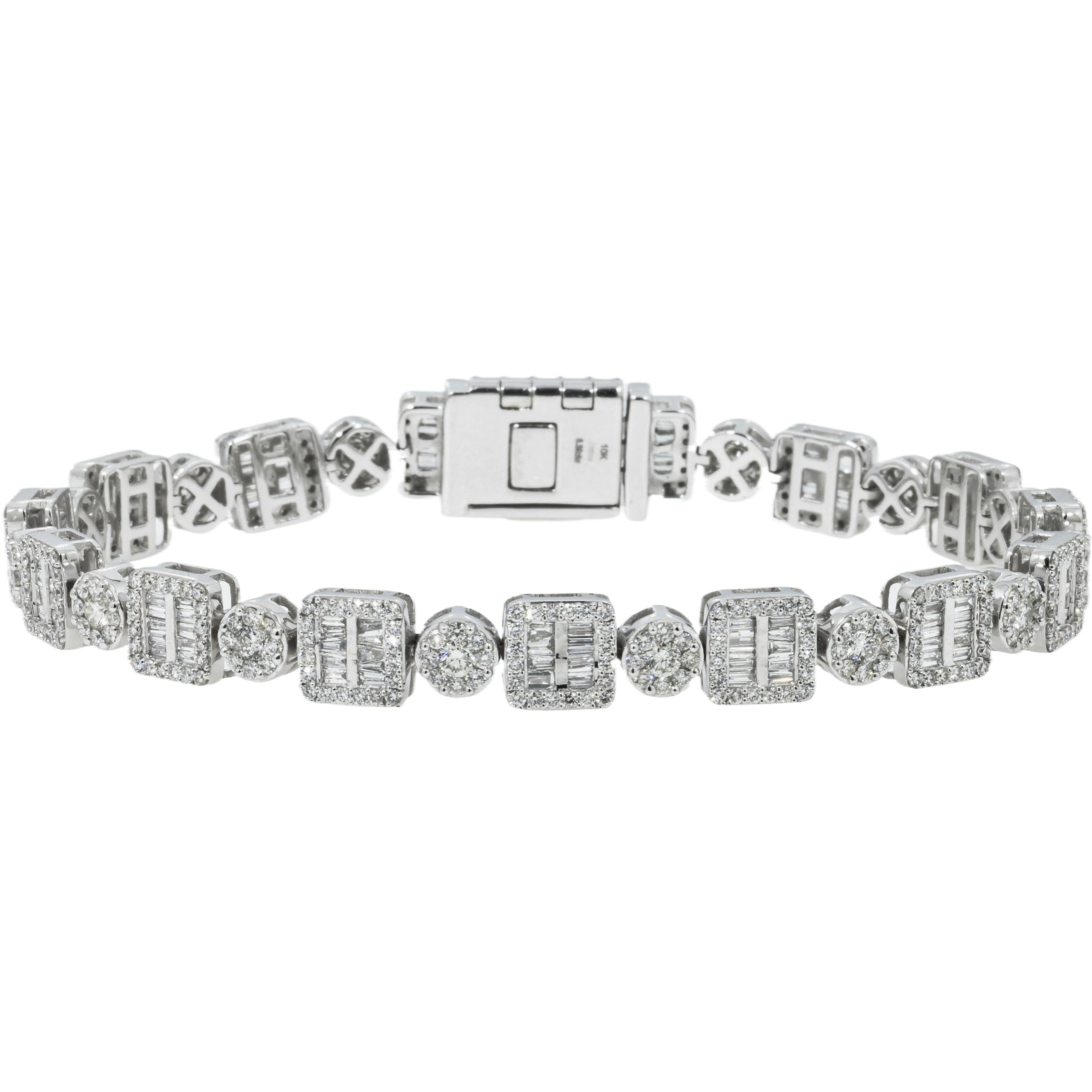 10K GOLD BAGUETTE AND ROUND HALO CLUSTER DIAMONDS BRACELET 6.39 CT