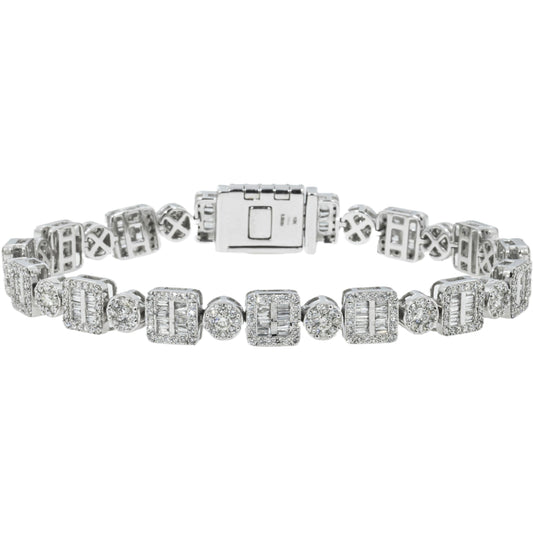 10K GOLD BAGUETTE AND ROUND HALO CLUSTER DIAMONDS BRACELET 6.39 CT