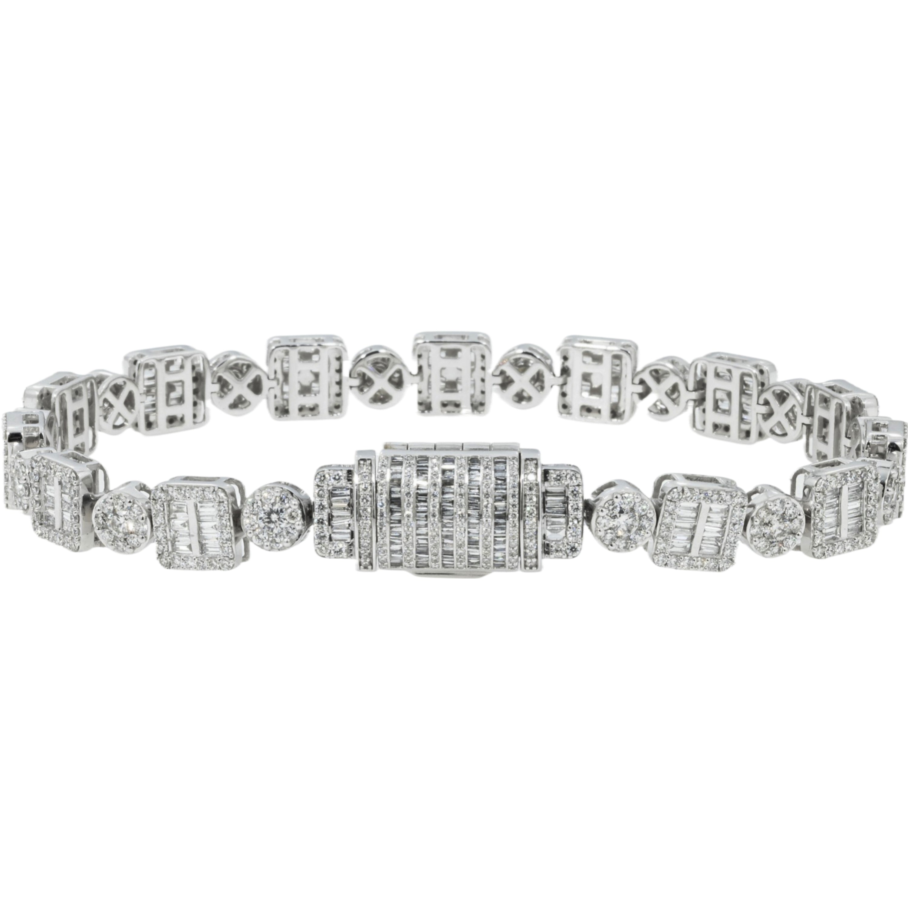 10K GOLD BAGUETTE AND ROUND HALO CLUSTER DIAMONDS BRACELET 6.39 CT