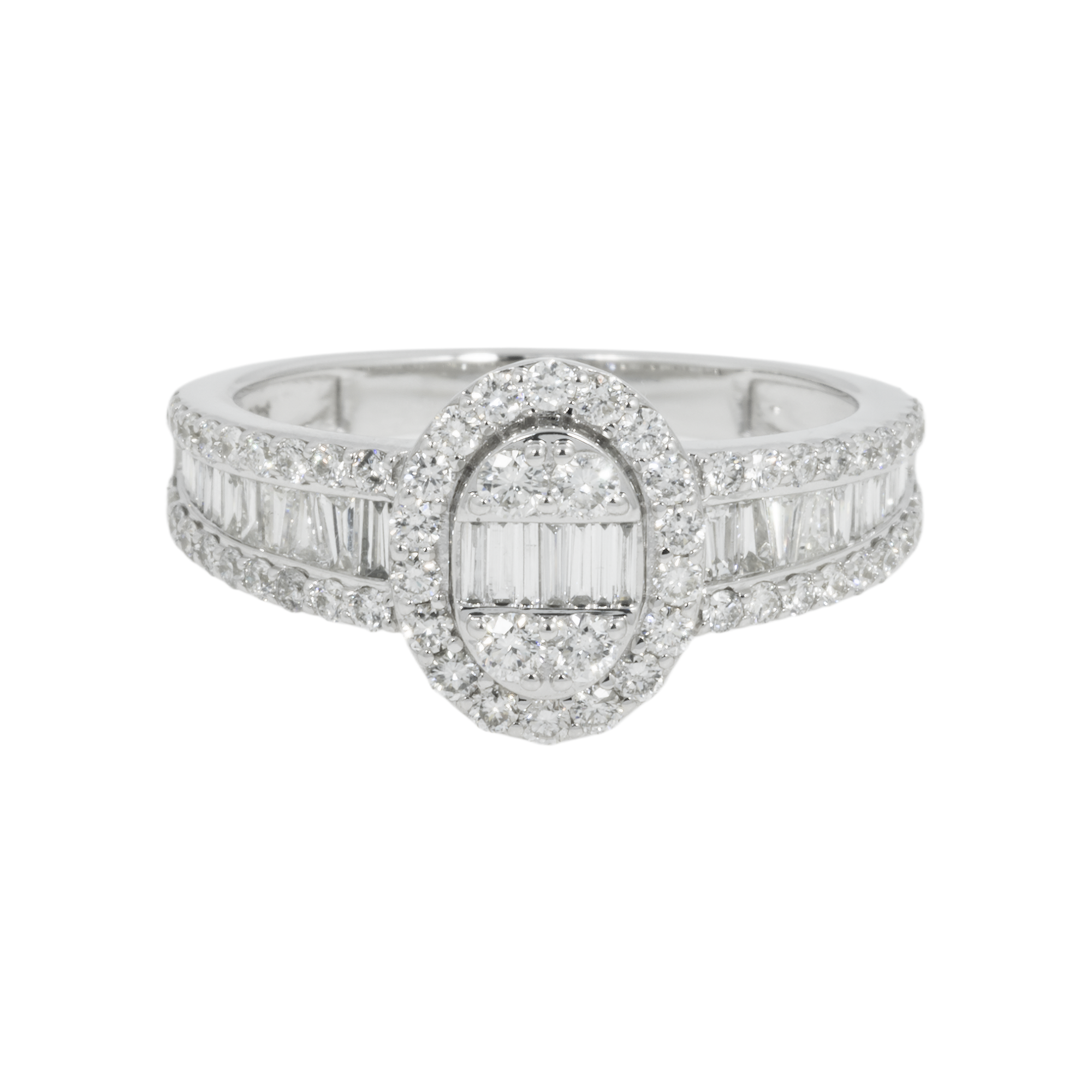 14K GOLD BAGUETTE AND ROUND DIAMOND CLUSTER RING 1.39 CT