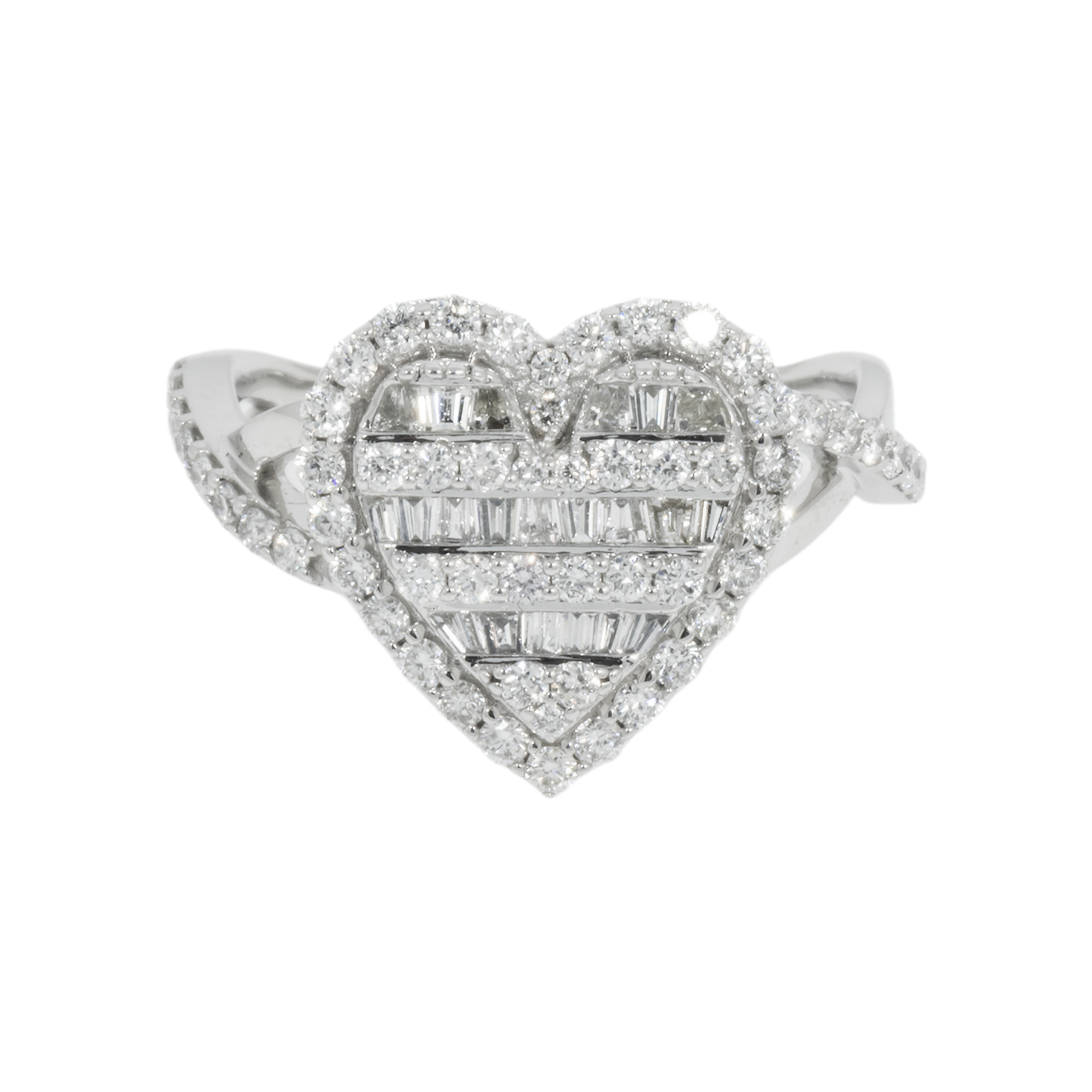 14K GOLD BAGUETTE AND ROUND DIAMOND HEART RING 0.92 CT