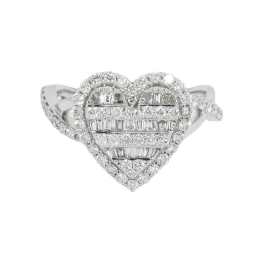 14K GOLD BAGUETTE AND ROUND DIAMOND HEART RING 0.92 CT