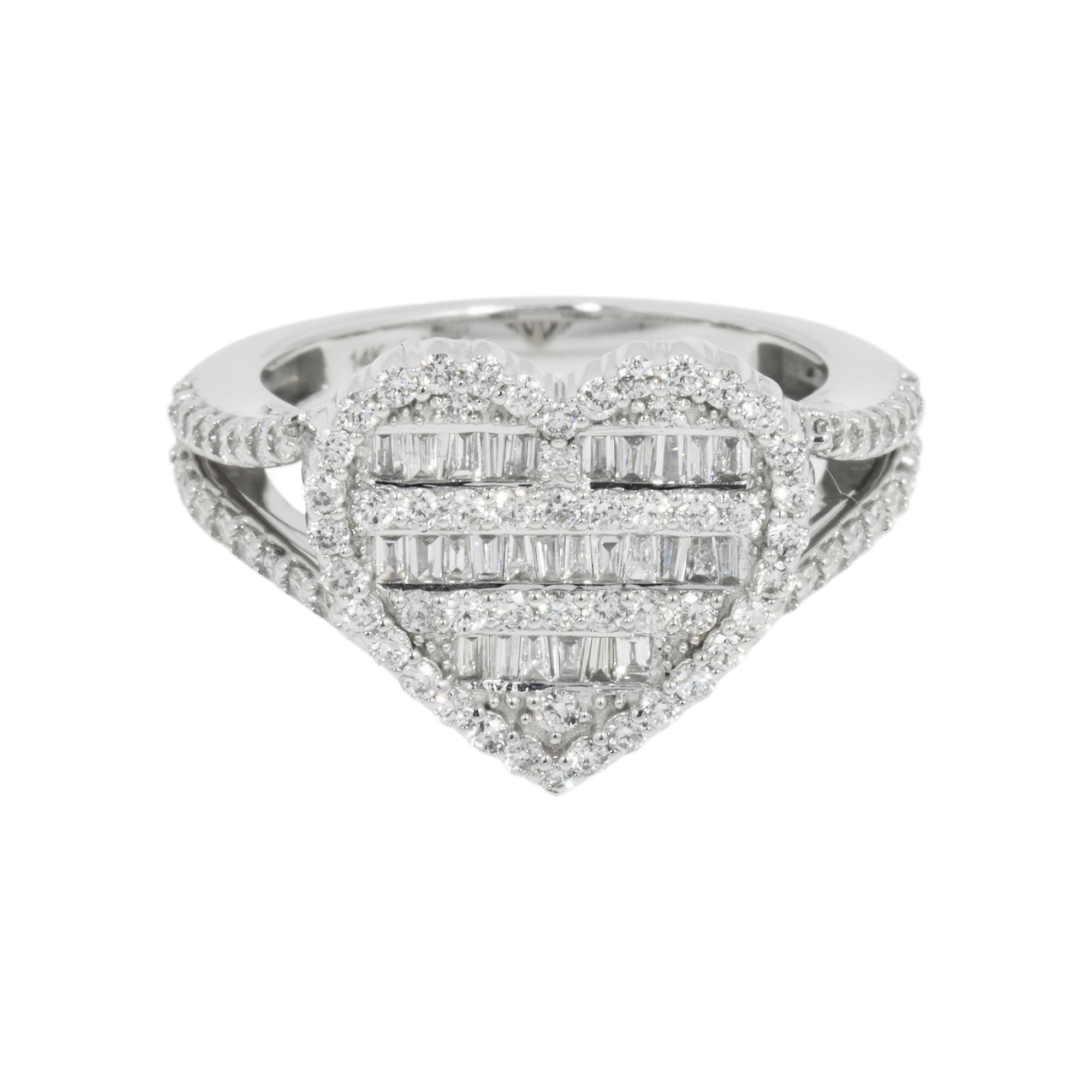 14K GOLD BAGUETTE AND ROUND DIAMOND HEART RING 1.19 CT